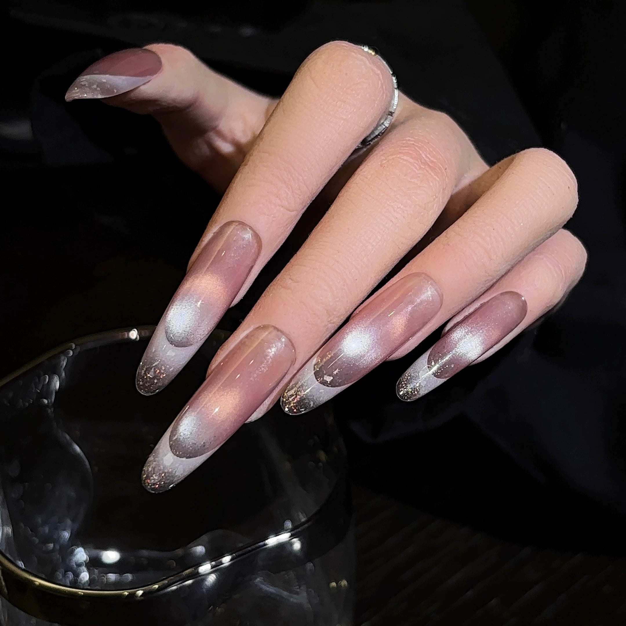 Sand-Pink Glass Bead Cat-Eye Shimmering Reverse French Ombre 100% Handcrafted Press-On Nails