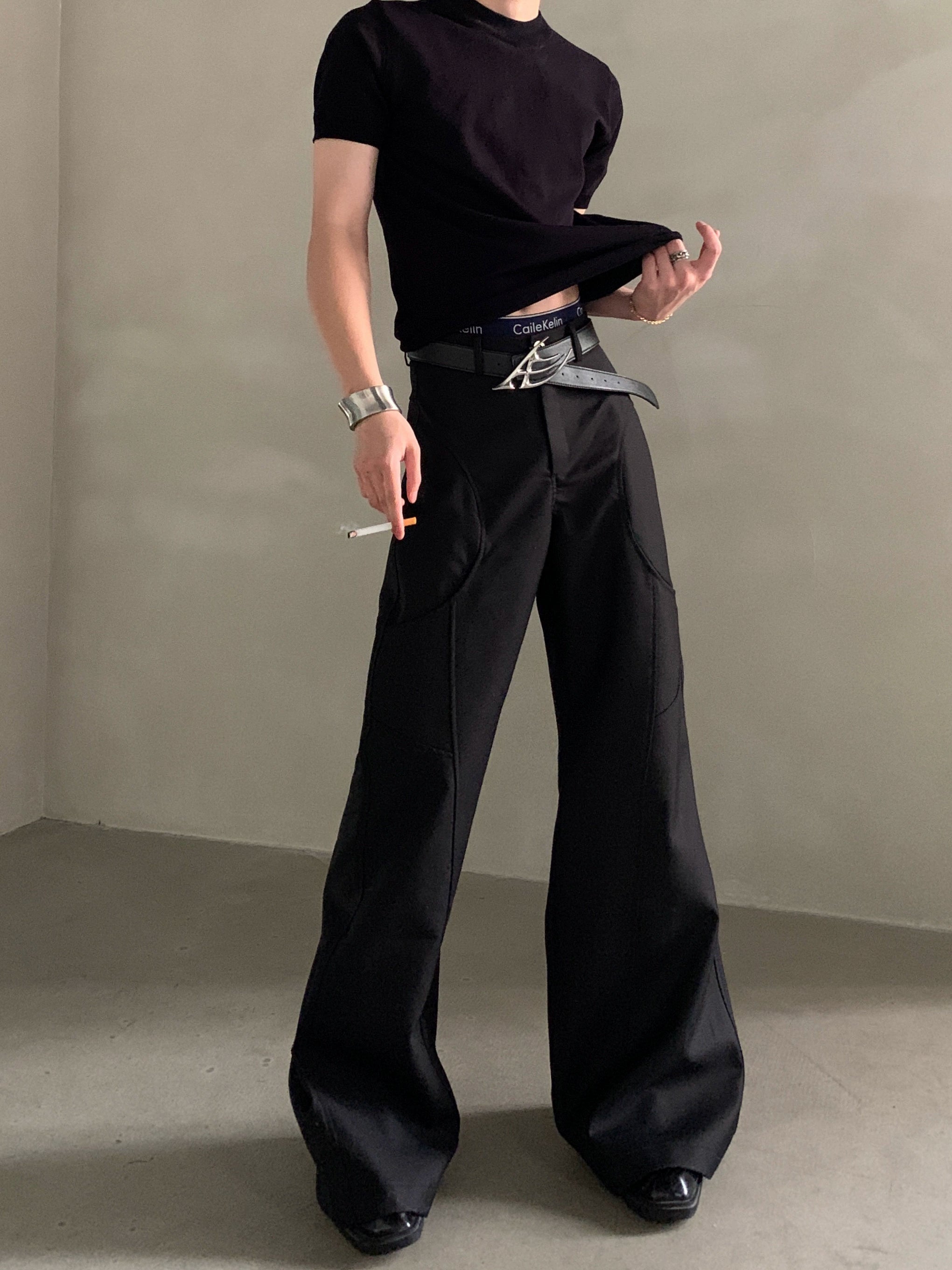 Niche design silhouette black micro-flared trousers men's senior sense cleanfit casual pants tide