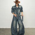 American classic resurgence, old washed shoulder padded denim onesie autumn loose scimitar pants