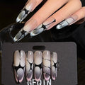 Mint Lychee French Shimmer Opal Cat-Eye Nails Hand-Painted Mismatched Lines Handcrafted Press-On Nails