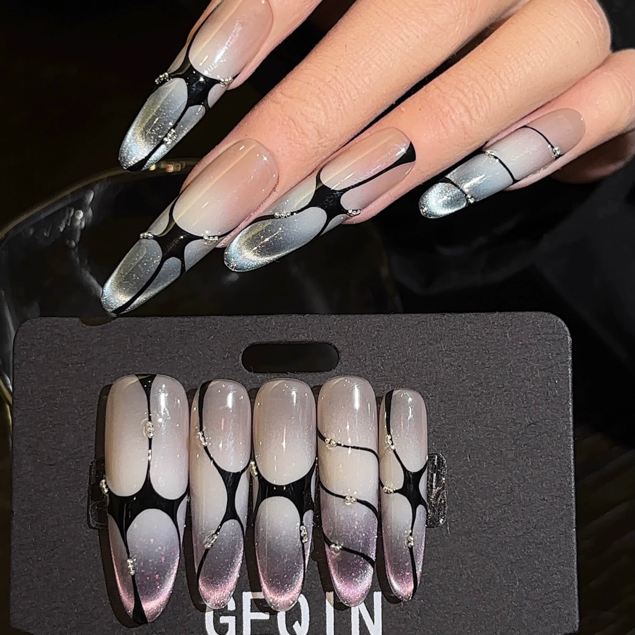 Mint Lychee French Shimmer Opal Cat-Eye Nails Hand-Painted Mismatched Lines Handcrafted Press-On Nails