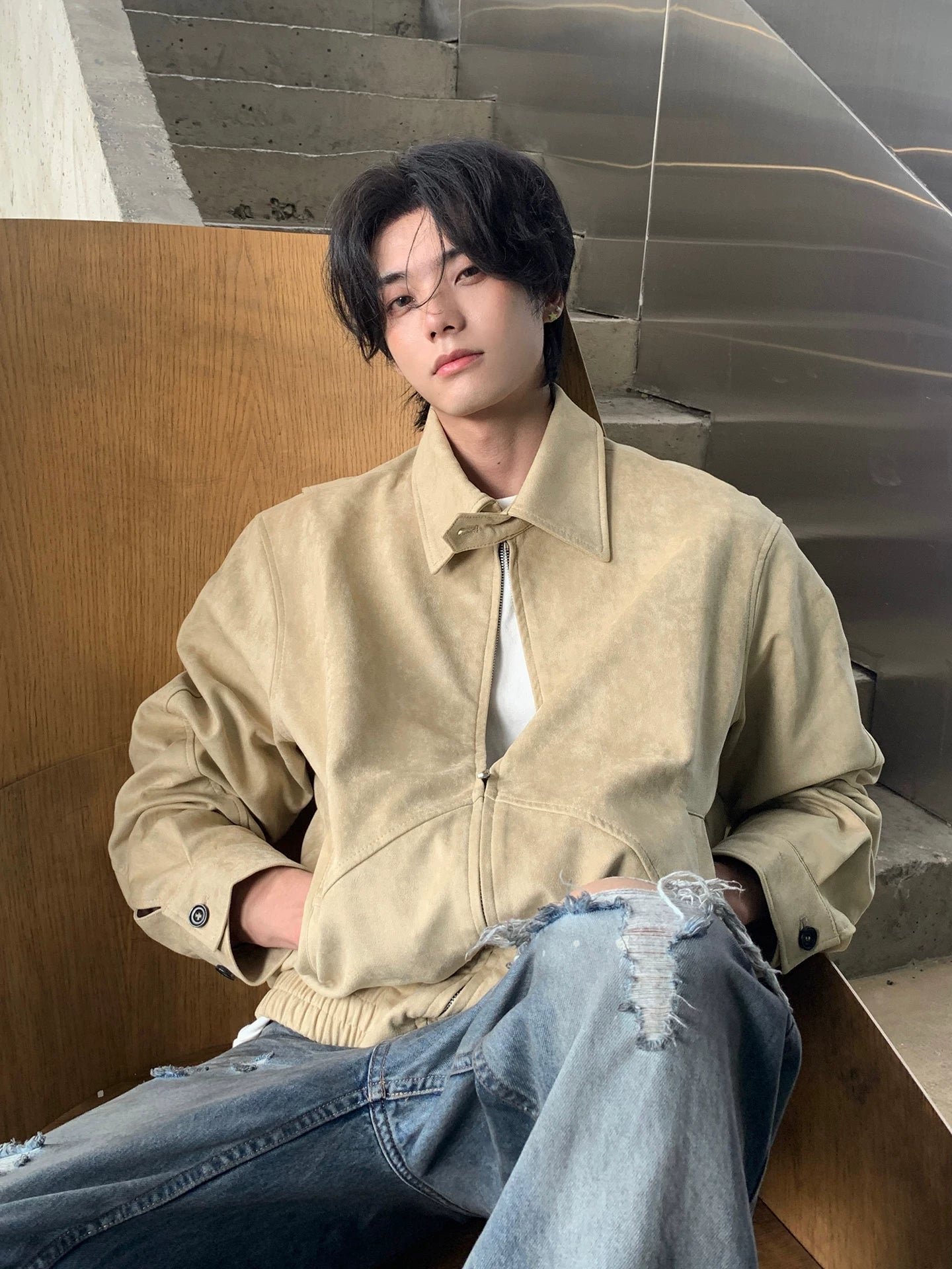 American suede outwear men's autumn and spring trendy retro old money style classy sense harrington jacket  SIN073