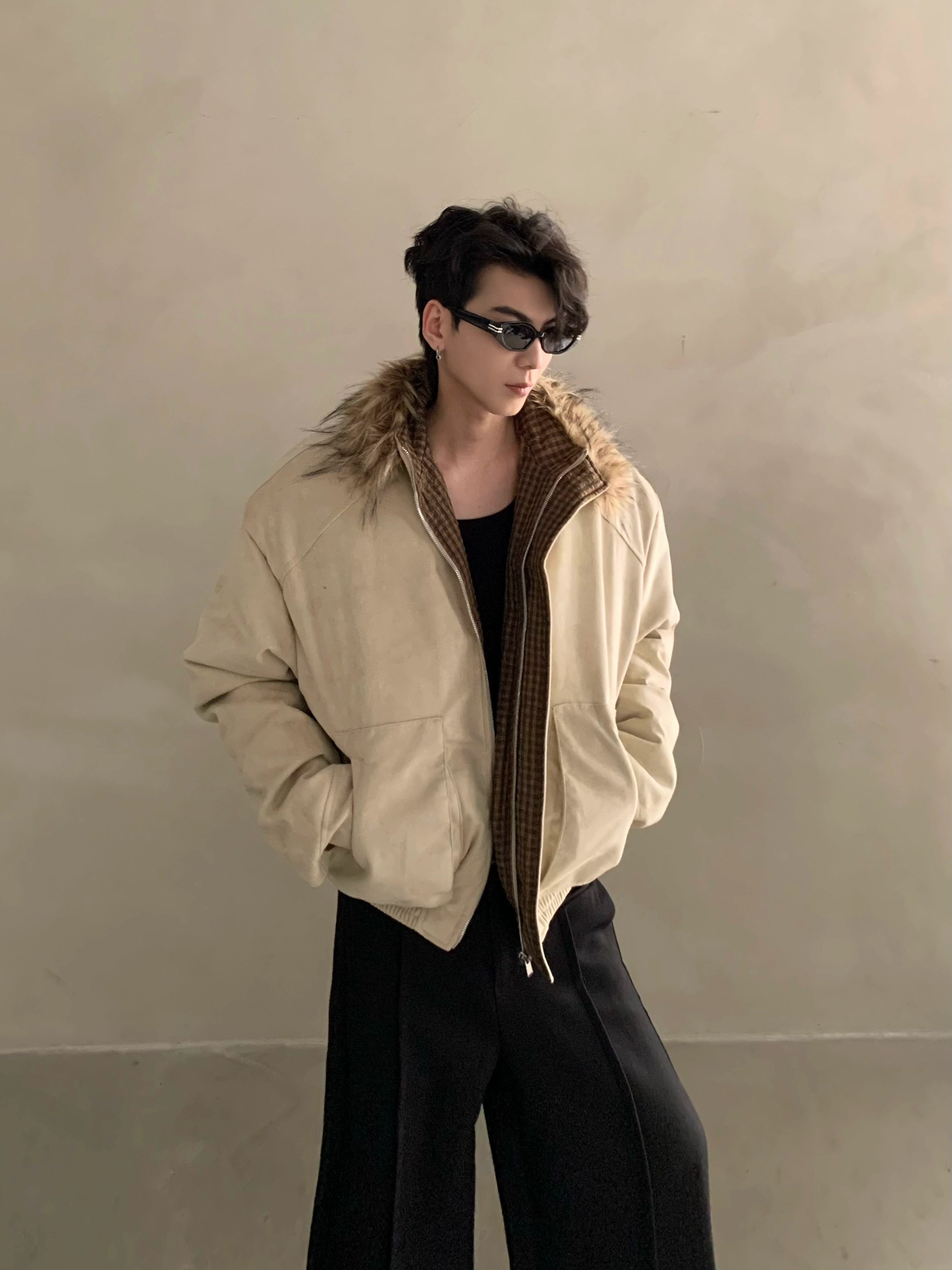 Winter niche high-end fur collar design seat mountain carving cotton-padded coat male ruffian handsome warm thickened coat
