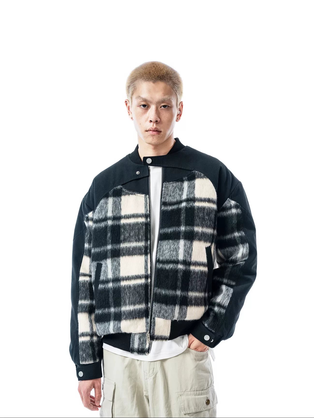 Casualretrostreetwear woolenplaid silhouette cotton jacket SIN0821