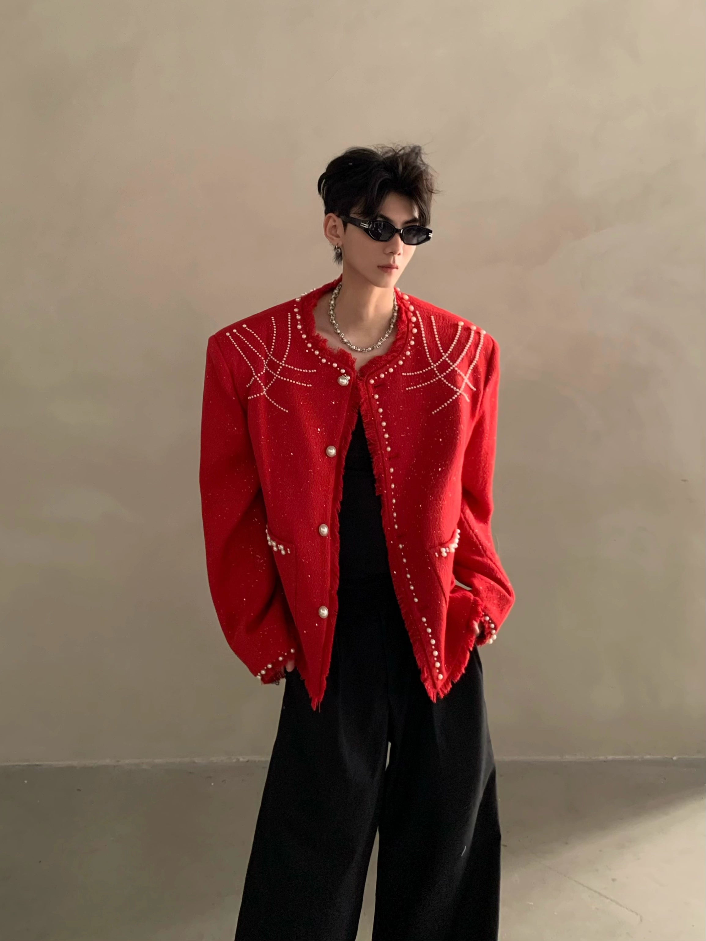 Niche high-end bead pattern design shoulder pads red small fragrant jacket jacket men's top