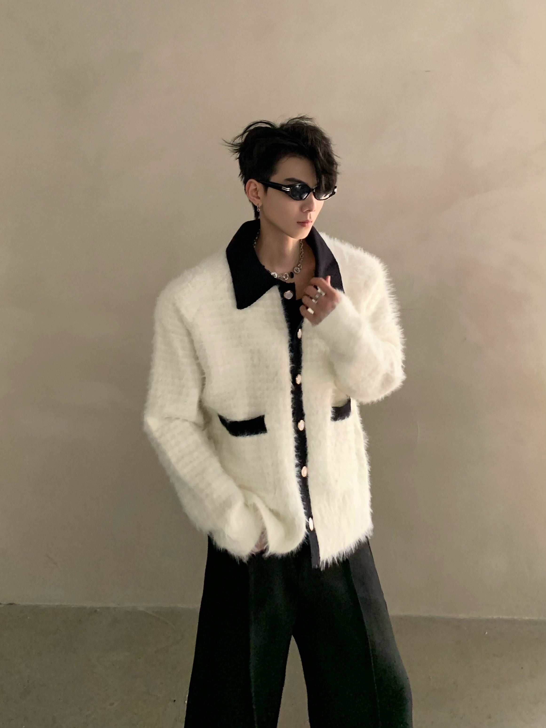 Winter extravagant atmosphere small fragrant lapel knitted cardigan men's heavy button sweater jacket