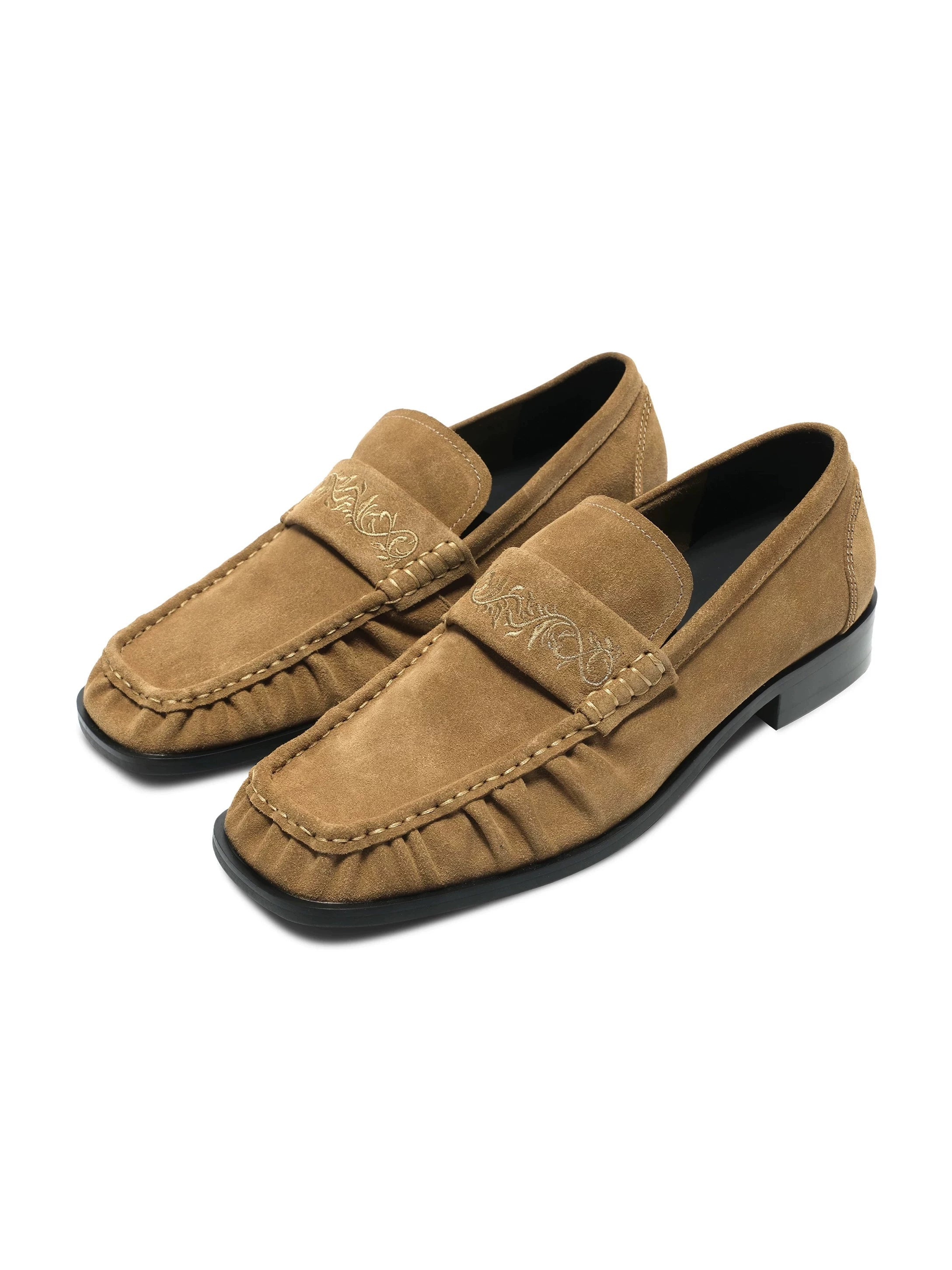 Three-color square-toe rose embroidered loafers - genuine leather, versatile suede cowhide, thin-soled dress shoes