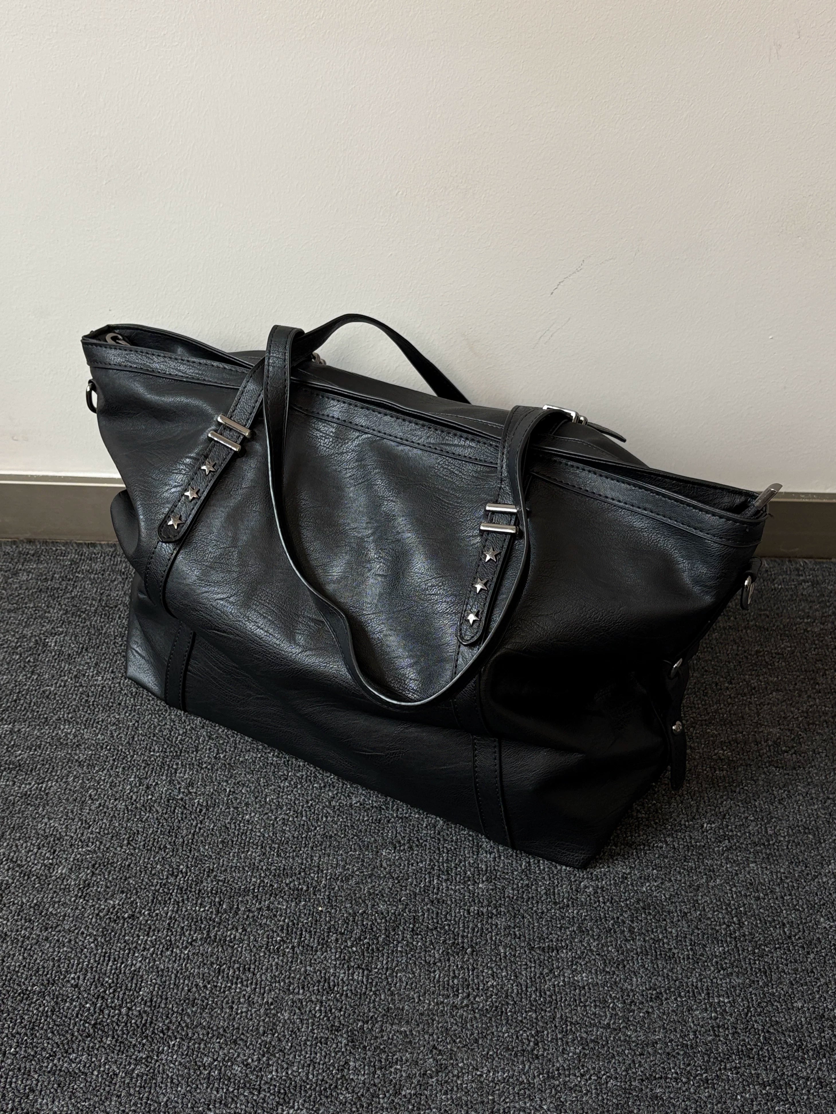 Original black pleated leather large capacity tote bag commuting men's soft leather shoulder bag