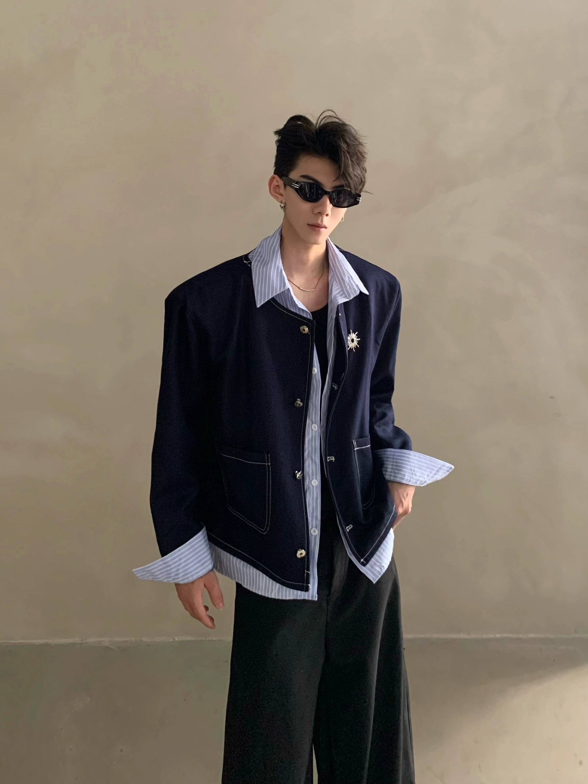 Autumn light luxury high-end fake two-piece splicing design shirt male ruffian handsome shoulder padded jacket jacket