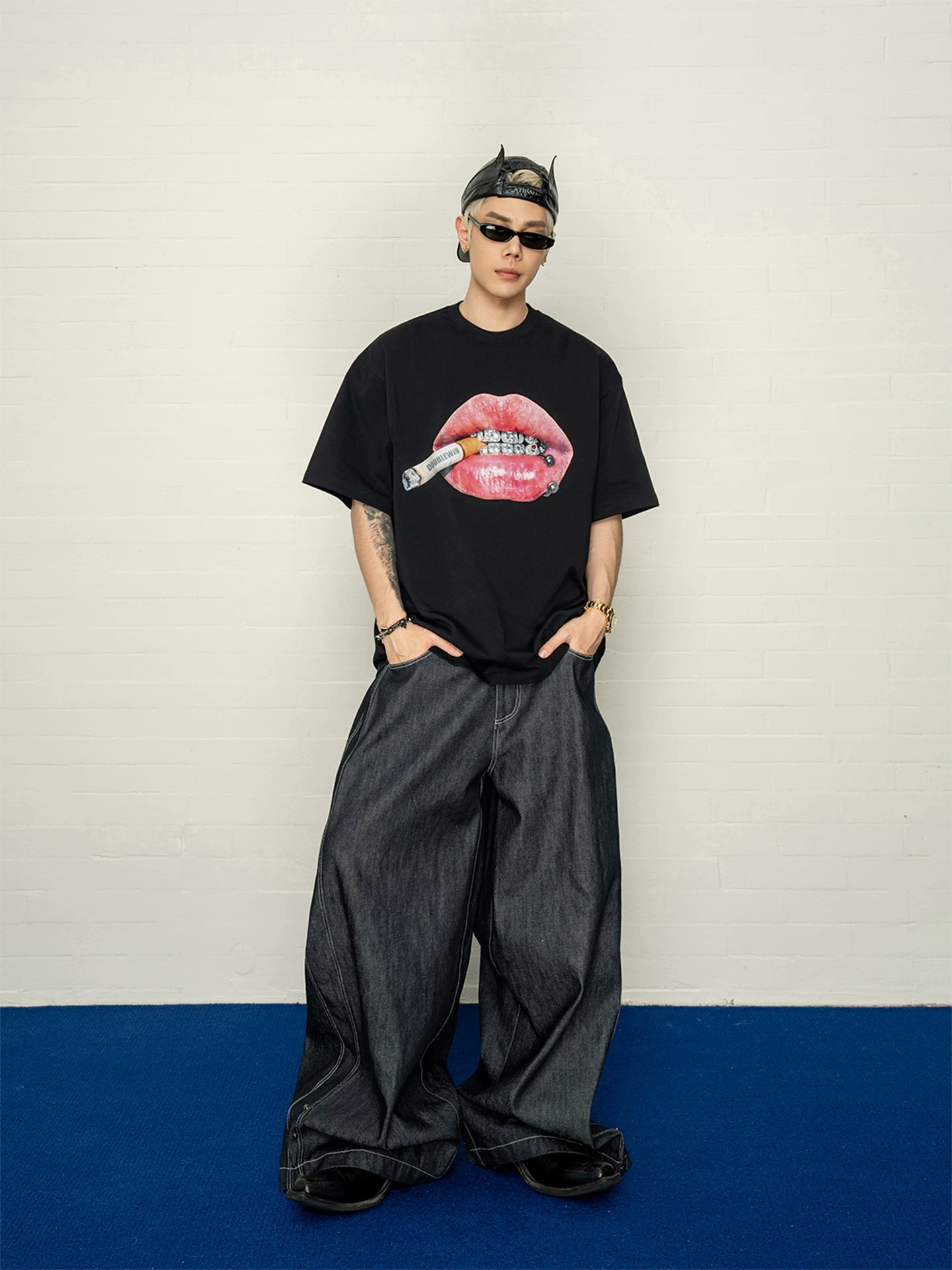 Glossy tooth drill printing dropped shoulder pure cotton short-sleeved t-shirt summerloose crisp easiest for matchtops men sinclub1693