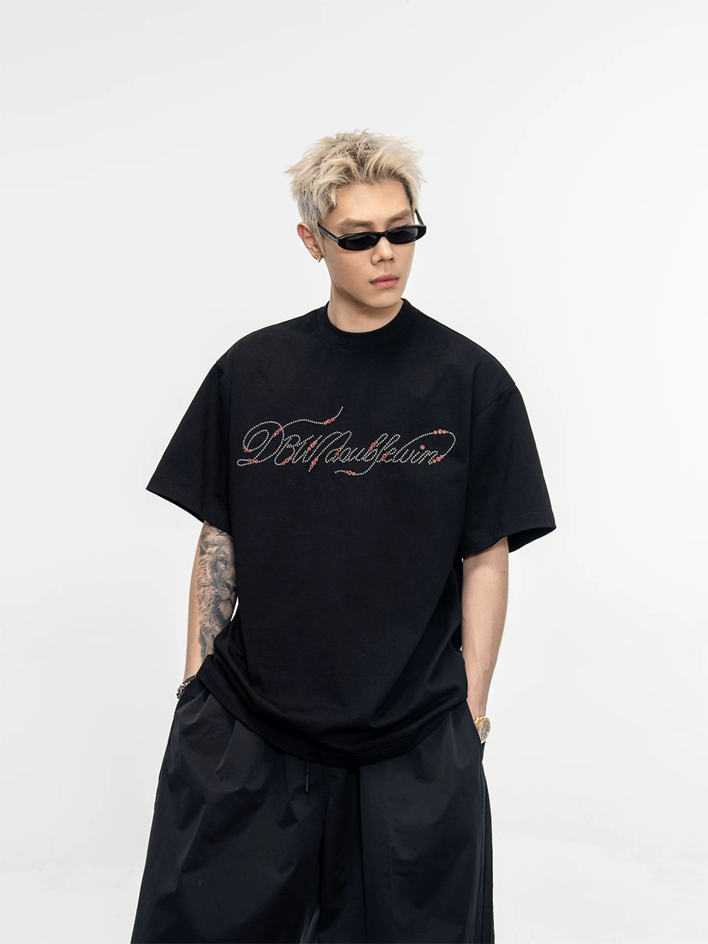 Heavy industry handwritten font hot diamond pure cotton wide short sleeve t-shirt summerlooseeasiest for matchtops men sinclub7060