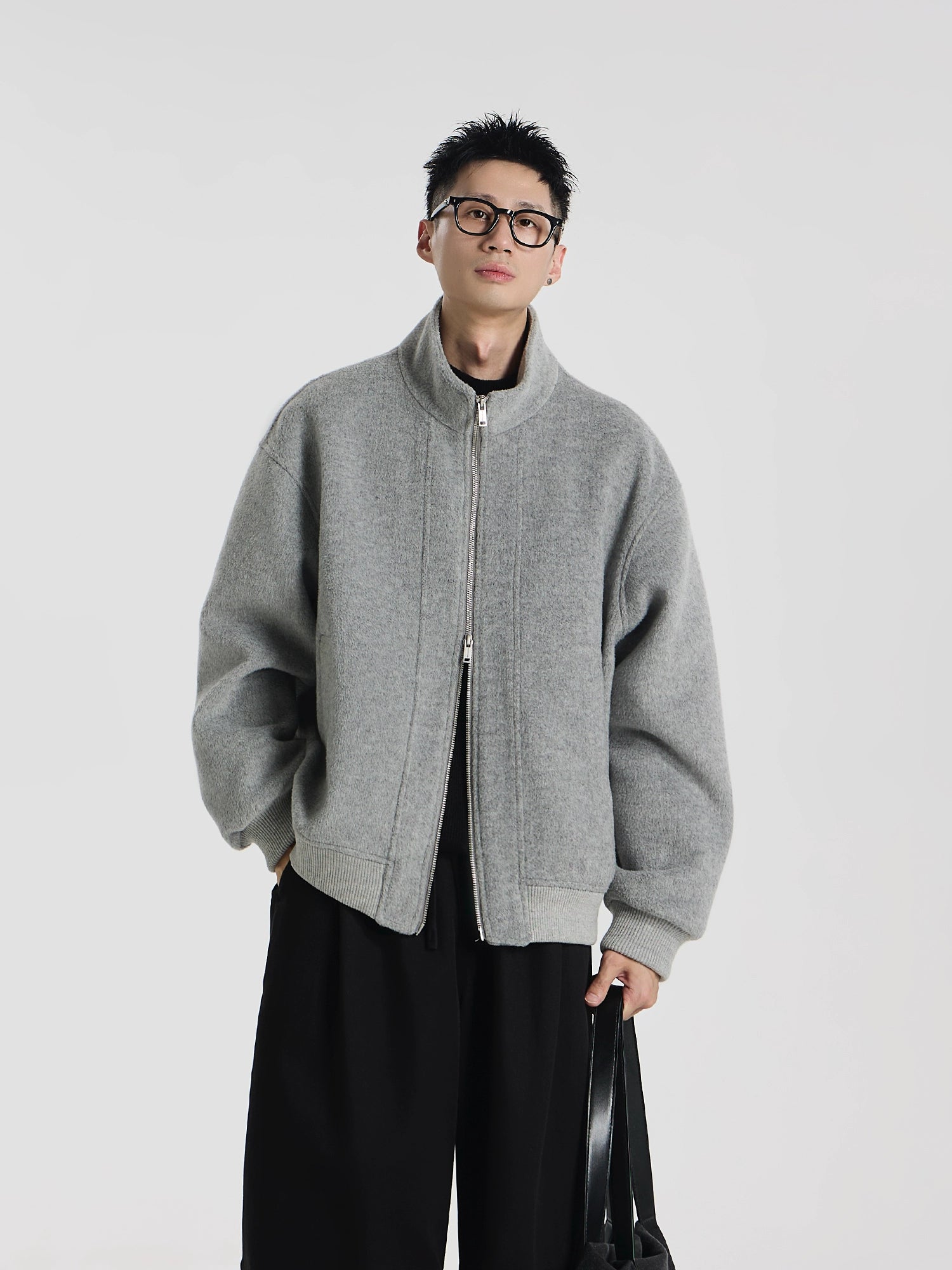 Custom-woven wool-blend woolen short silhouette loose stand-up collar fashion jacket