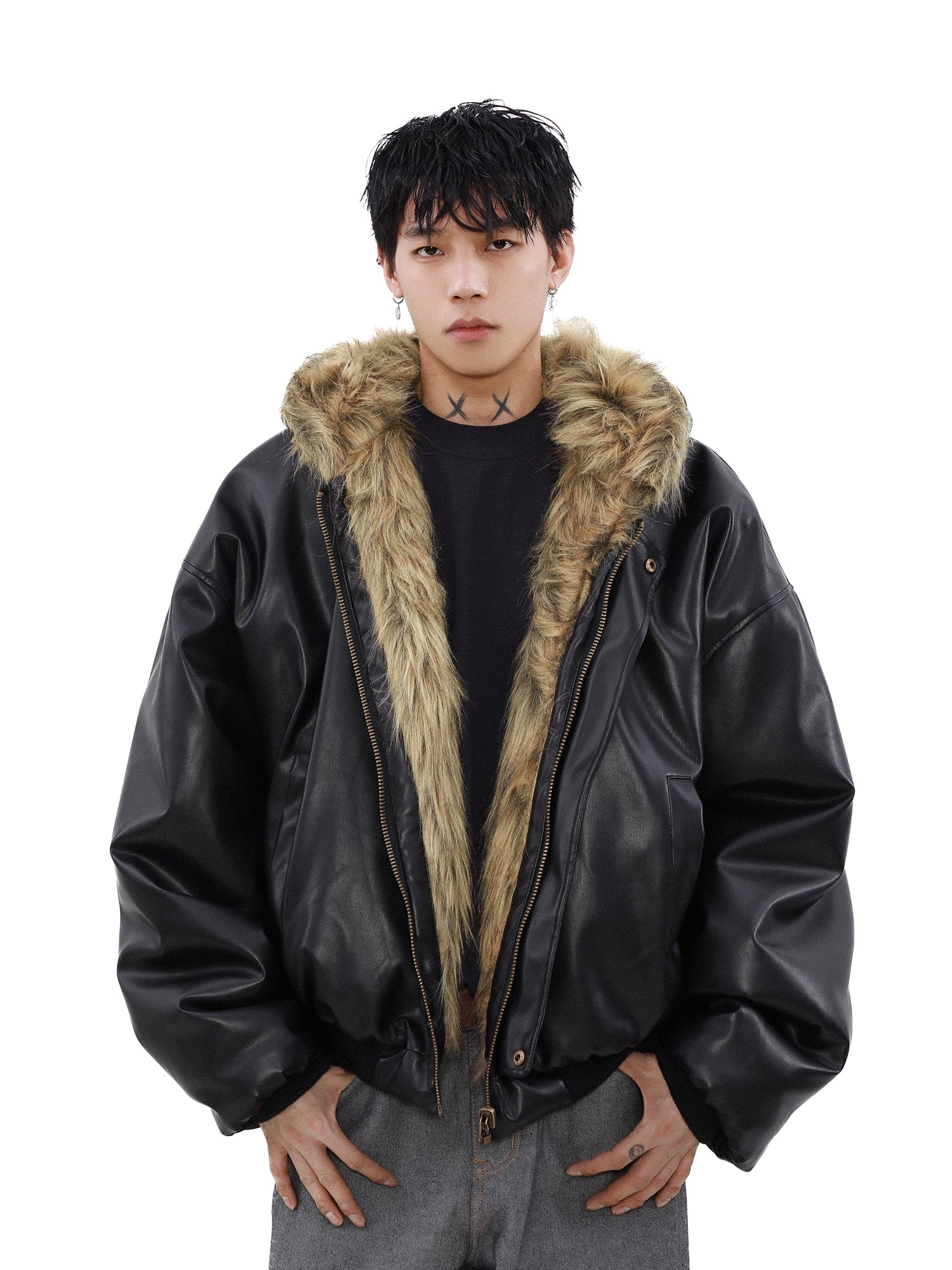 American high-end jacket cotton clothes men's winter velvet thickened double-sided fur integrated coat men