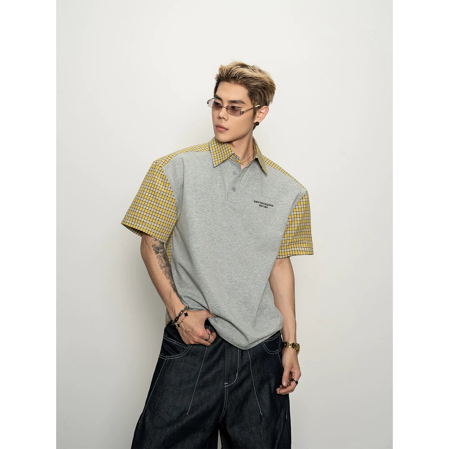 Layered plaid patchwork polo collar pure cotton short-sleeved t-shirt casualloose right shouldertops for men sinclub1549