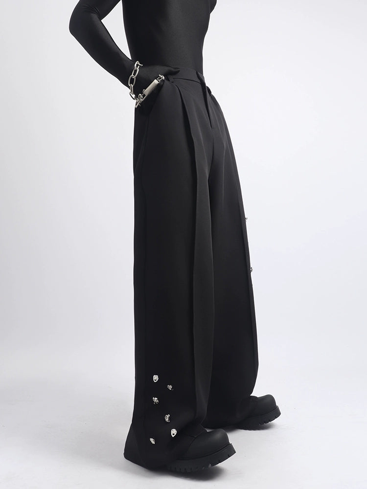 Metal design black wide-leg pants men's niche trend splicing loose and versatile casual trousers