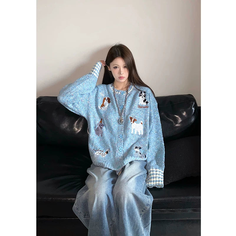 Autumn new sweet & cool puppy embroidered knitted cardigan - women's relaxed fit retro sweater  XX4