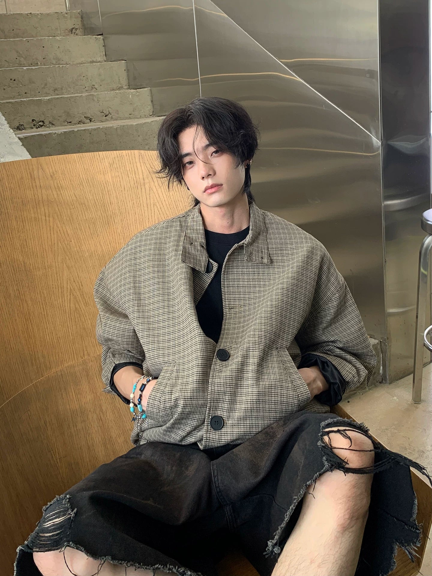 New houndstooth jacket for men - spring/autumn american style, trendy retro, heavyweight, boxy fit, premium feel  SIN070