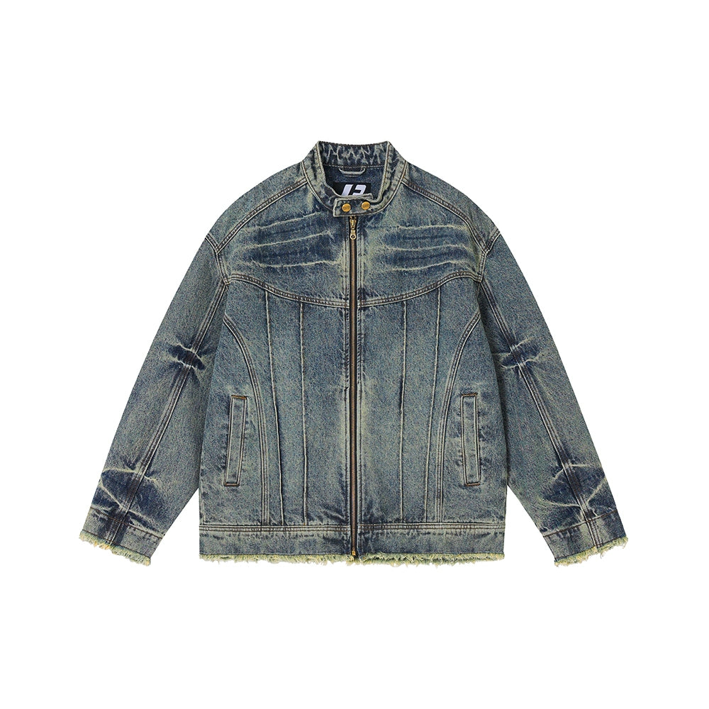 Heavy washed denim jacket American high street stand-up collar jacket SIN0992