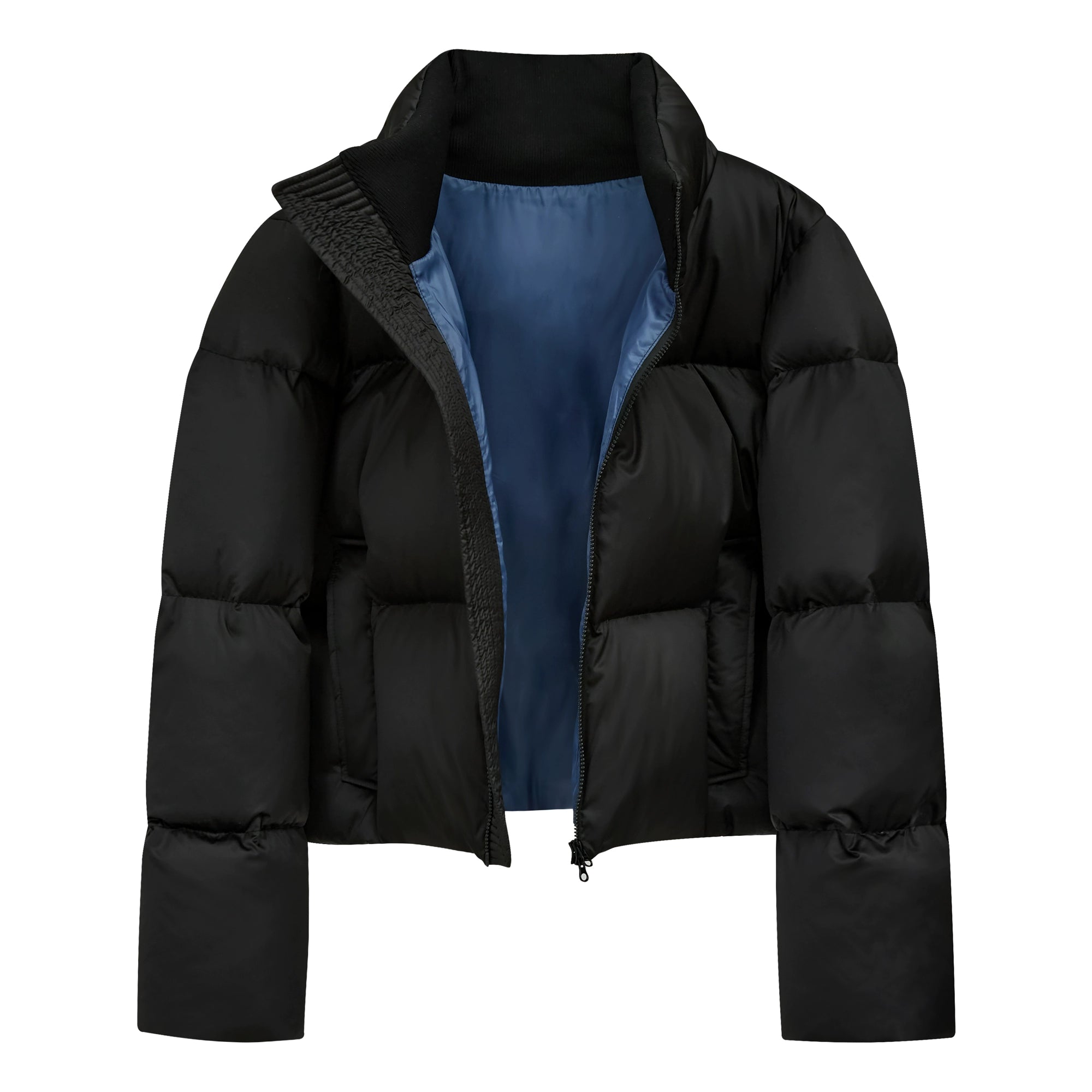 90 White Duck Down Stand-Up Collar Short Wide Boxy Satin Gloss "Blue Light" "Doug" Down Jacket