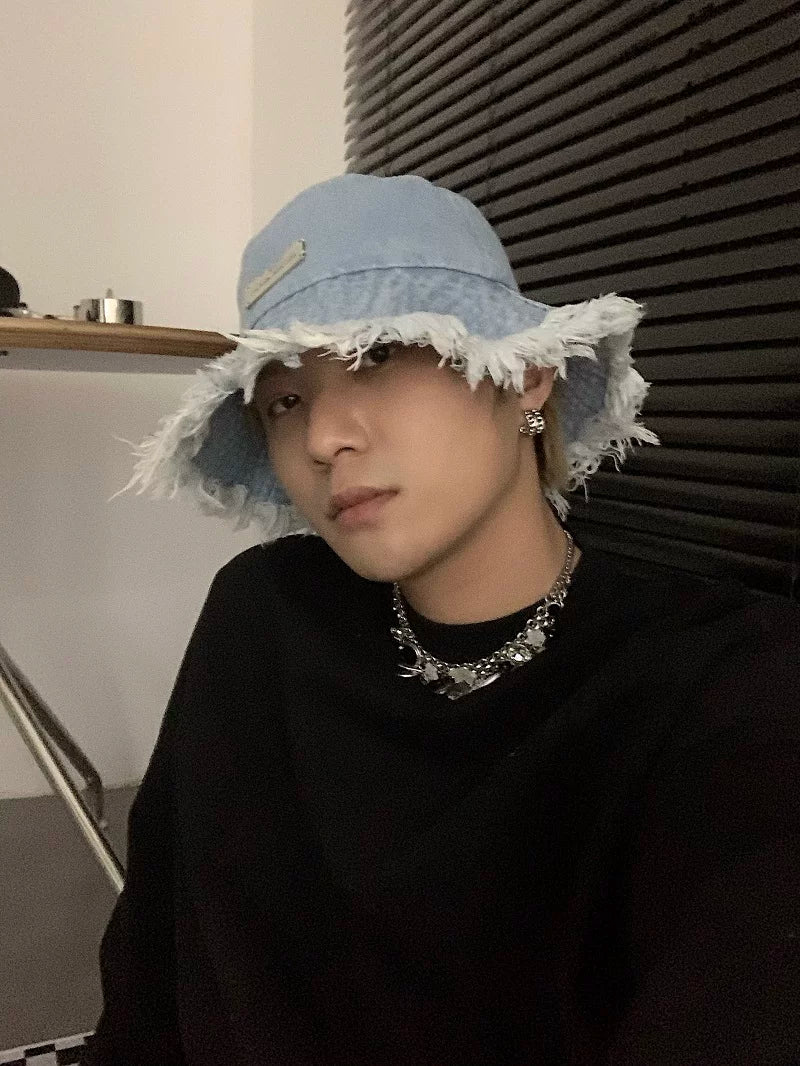 Niche style denim fisherman hat with raw edges and distressed look, small basin hat, spring and summer sun protection bucket hat, trendy