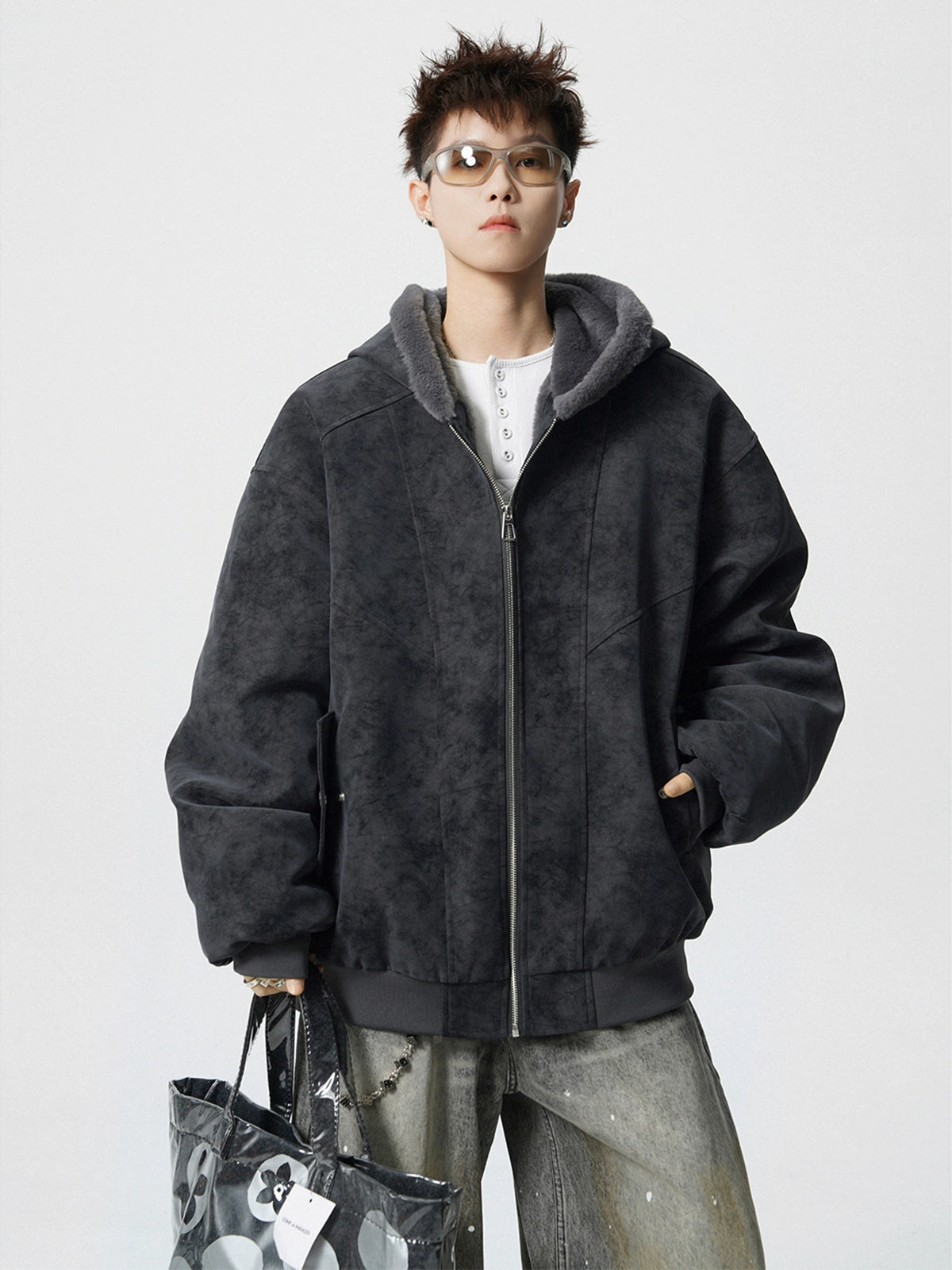 American velvet seat mountain carving cotton-padded jacket men's winter new trendy brand loose high street thickened warm hooded cotton jacket