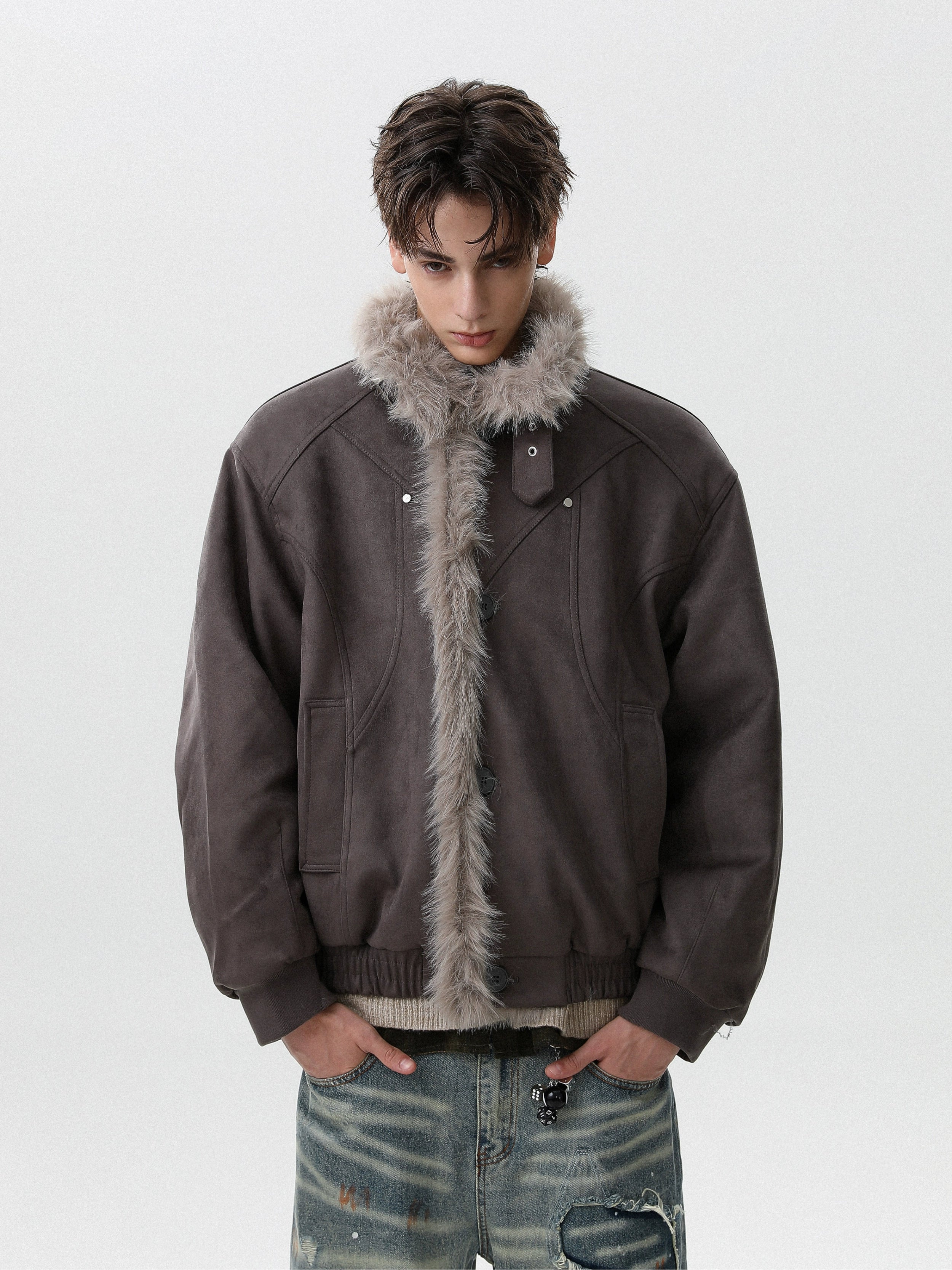 American retro mountain carving imitation fur integrated short thickened warm lapel cotton jacket tide