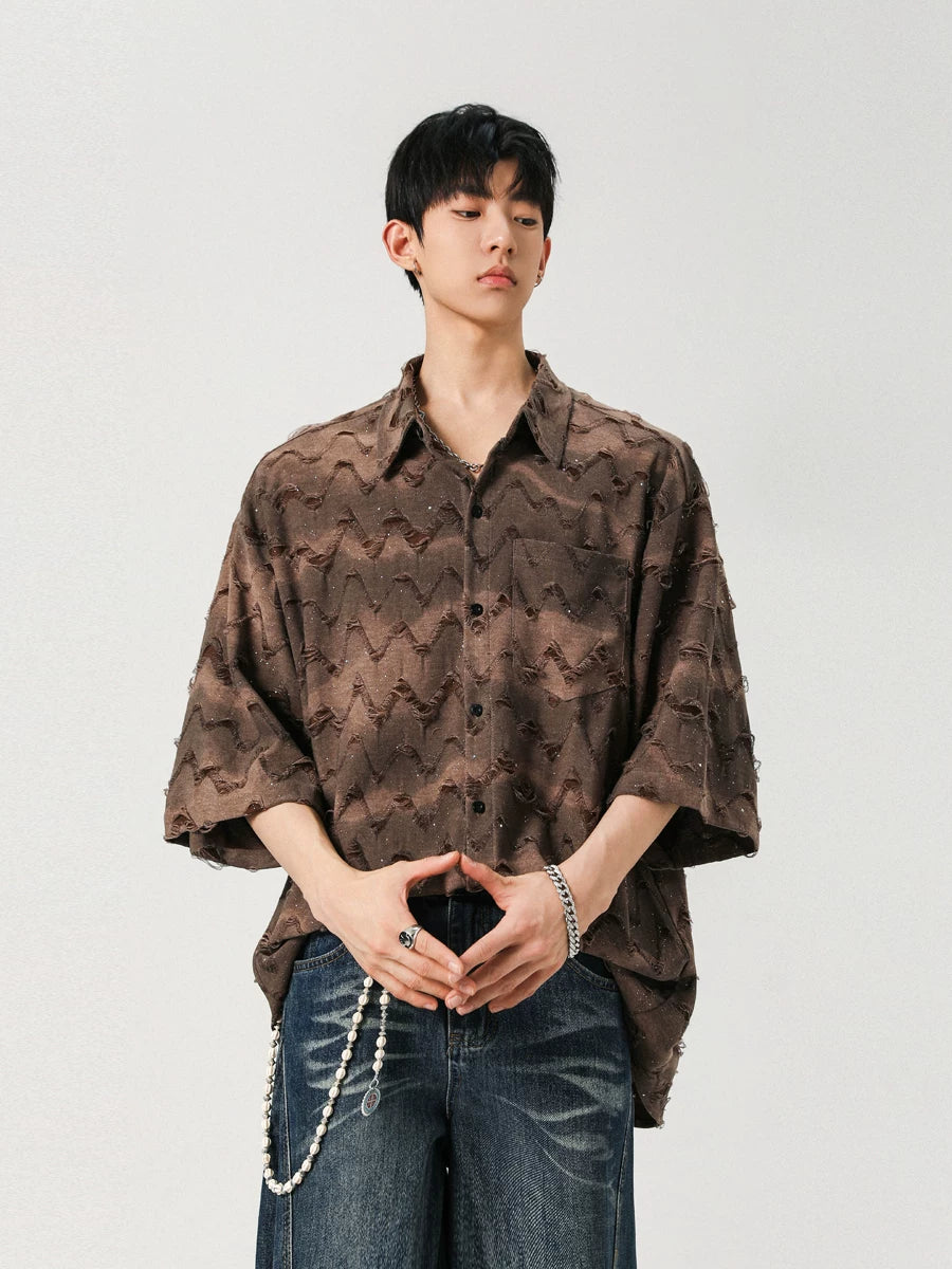 Three-dimensional tassel ripped and hollow short-sleeved shirt for men  SIN009