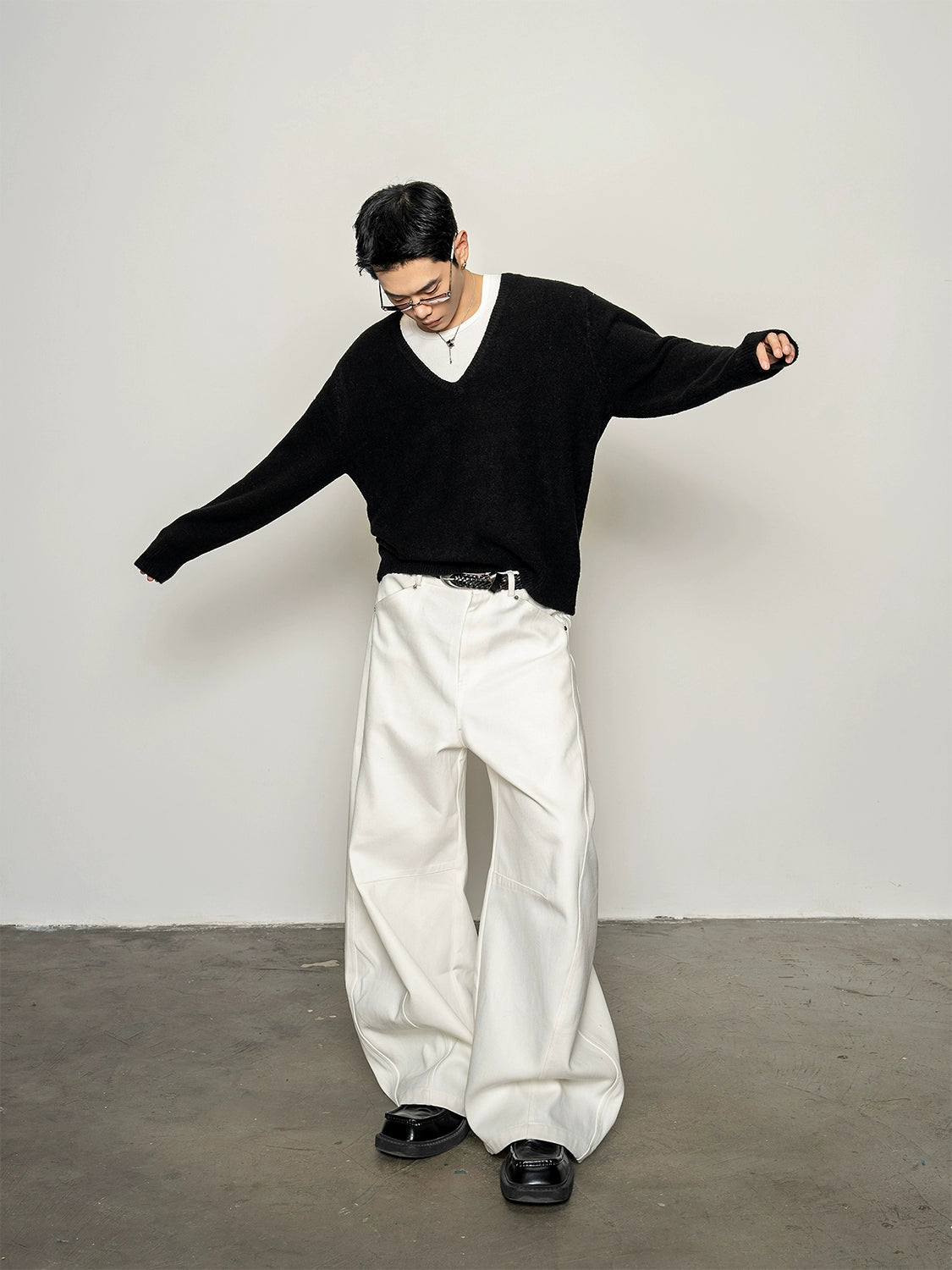 Deconstruction splicing milk silk white high-waisted scimitar pants anti-wrinkle loose wide-leg casual pants