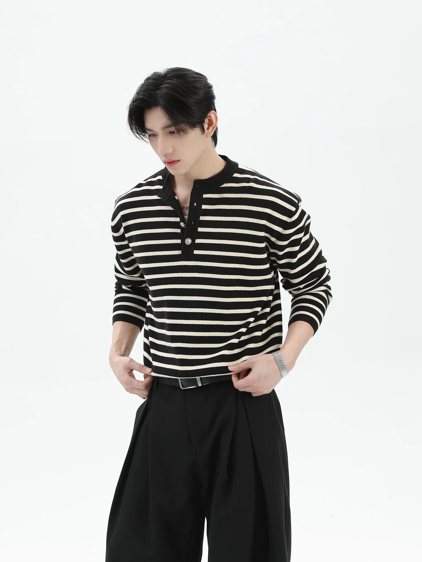 Lyocell henley neck striped sweater  SIN0895