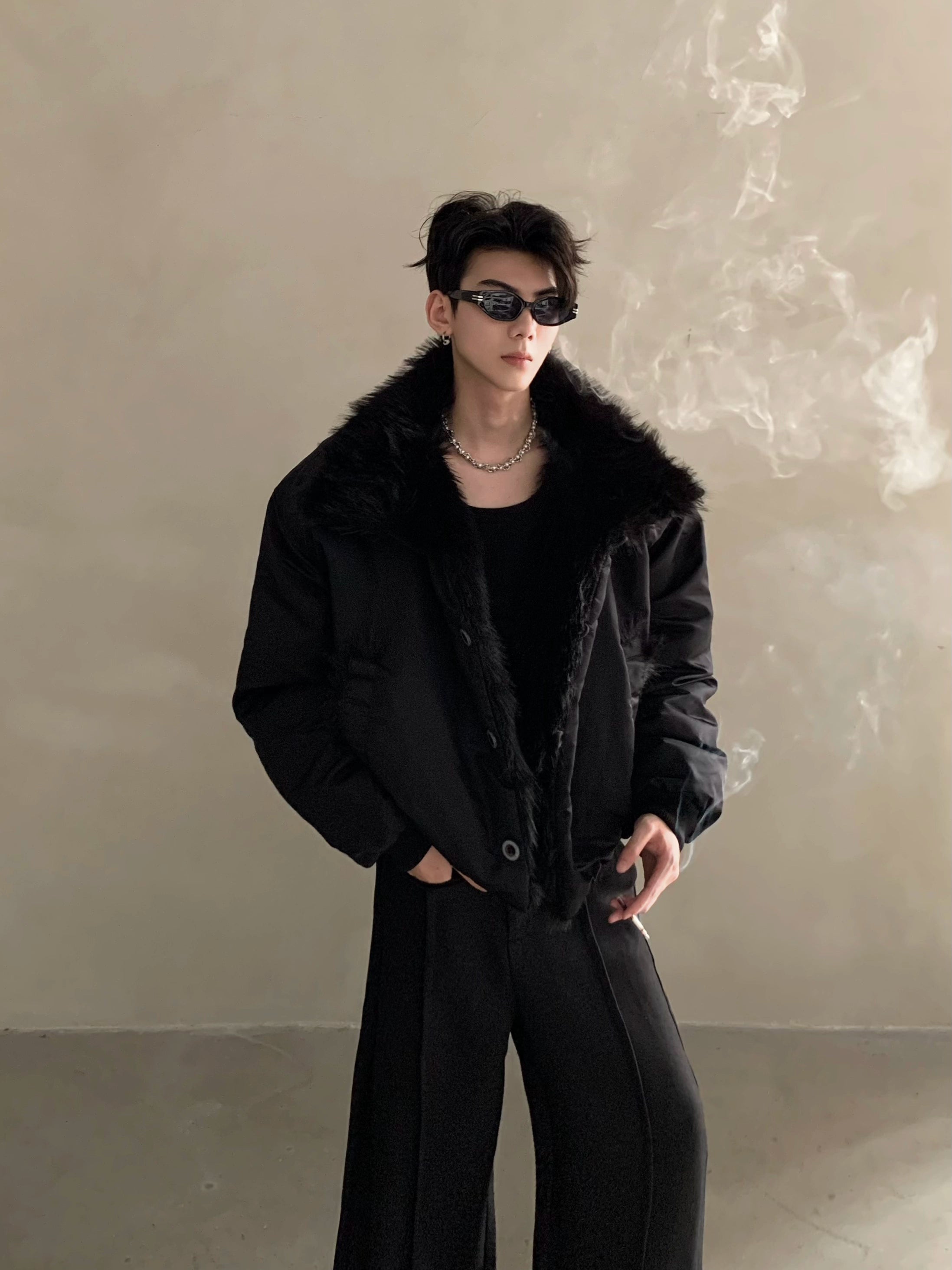 Noble mink hair seat mountain carving black coat men's winter piled thickened large fur collar cotton clothes tide