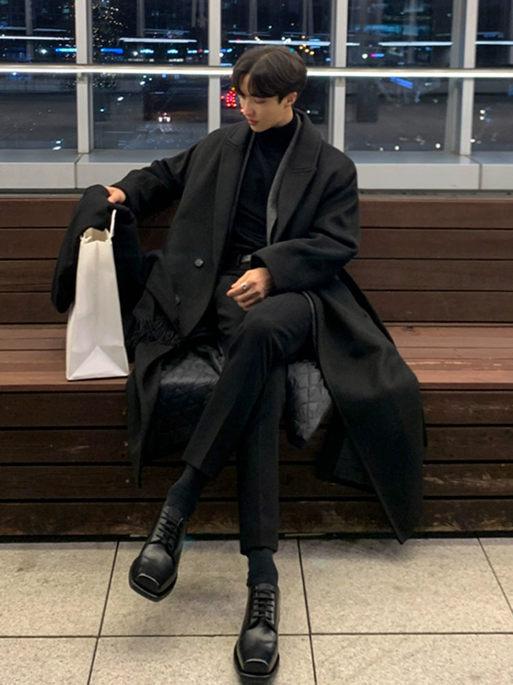 Woolen coat men's winter Korean high-end knee trench coat loose retro thickened woolen coat trendy