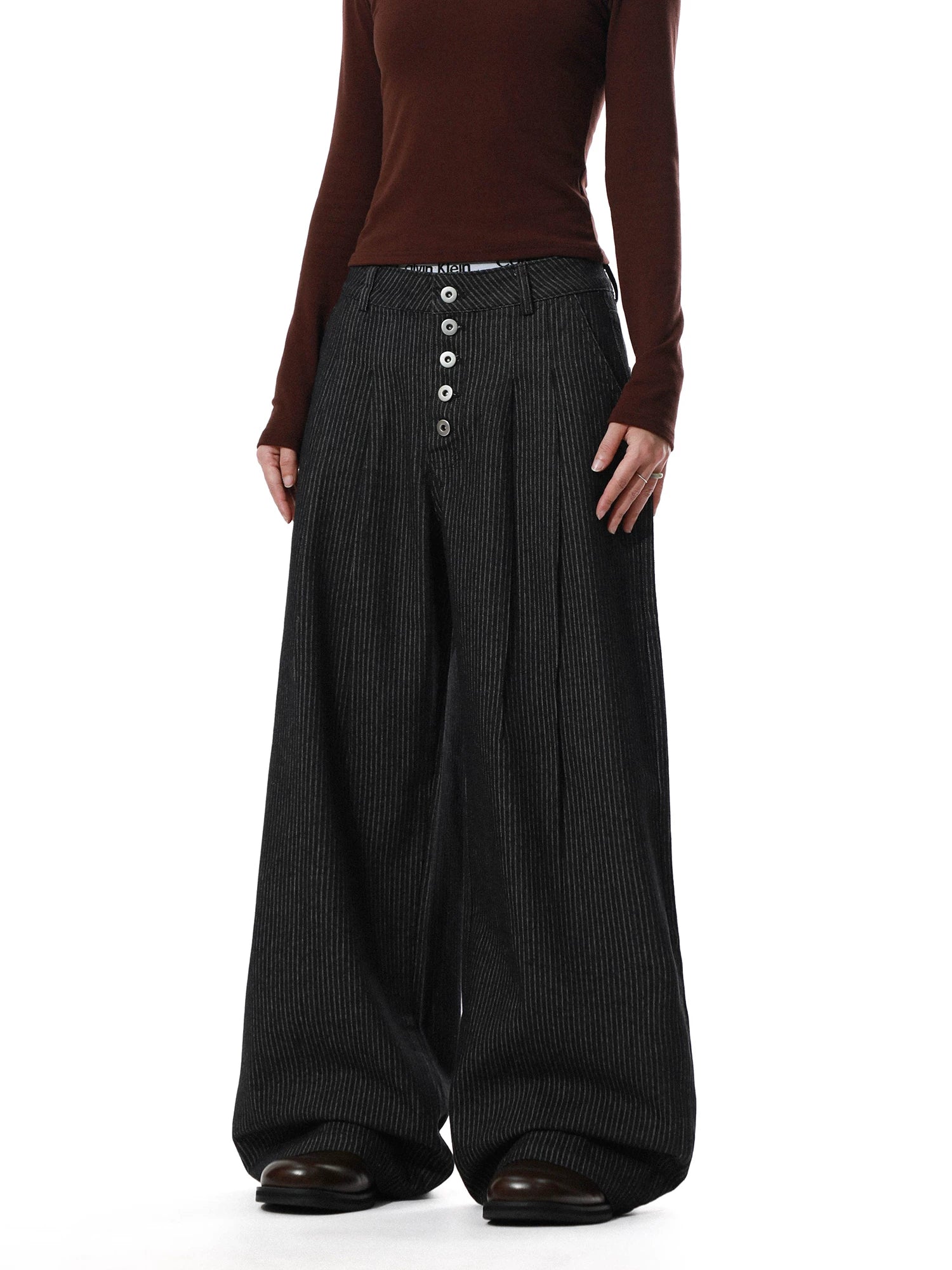 American retro pinstripe buttoned wide-leg pants - men's relaxed fit, premium casual trousers, oversized silhouette  sinclub7618