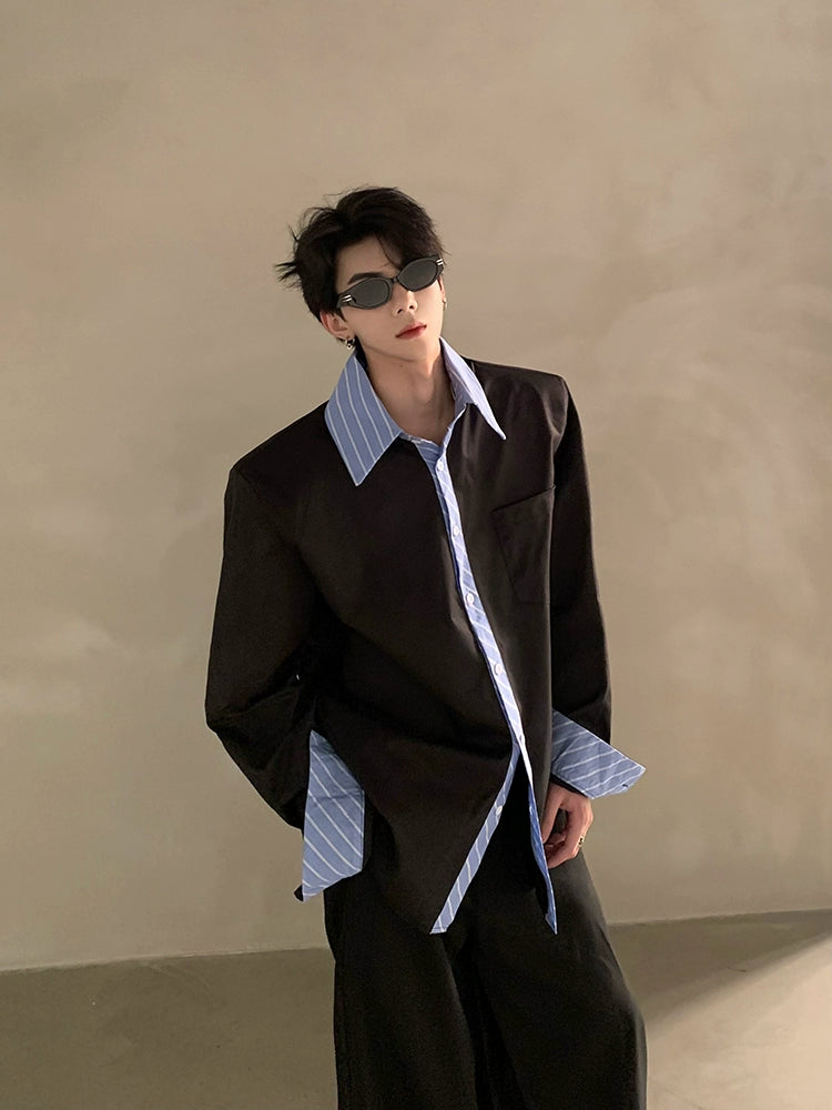 High-end niche design silhouette splicing shirt men's ruffian handsome solid color loose trend shirt