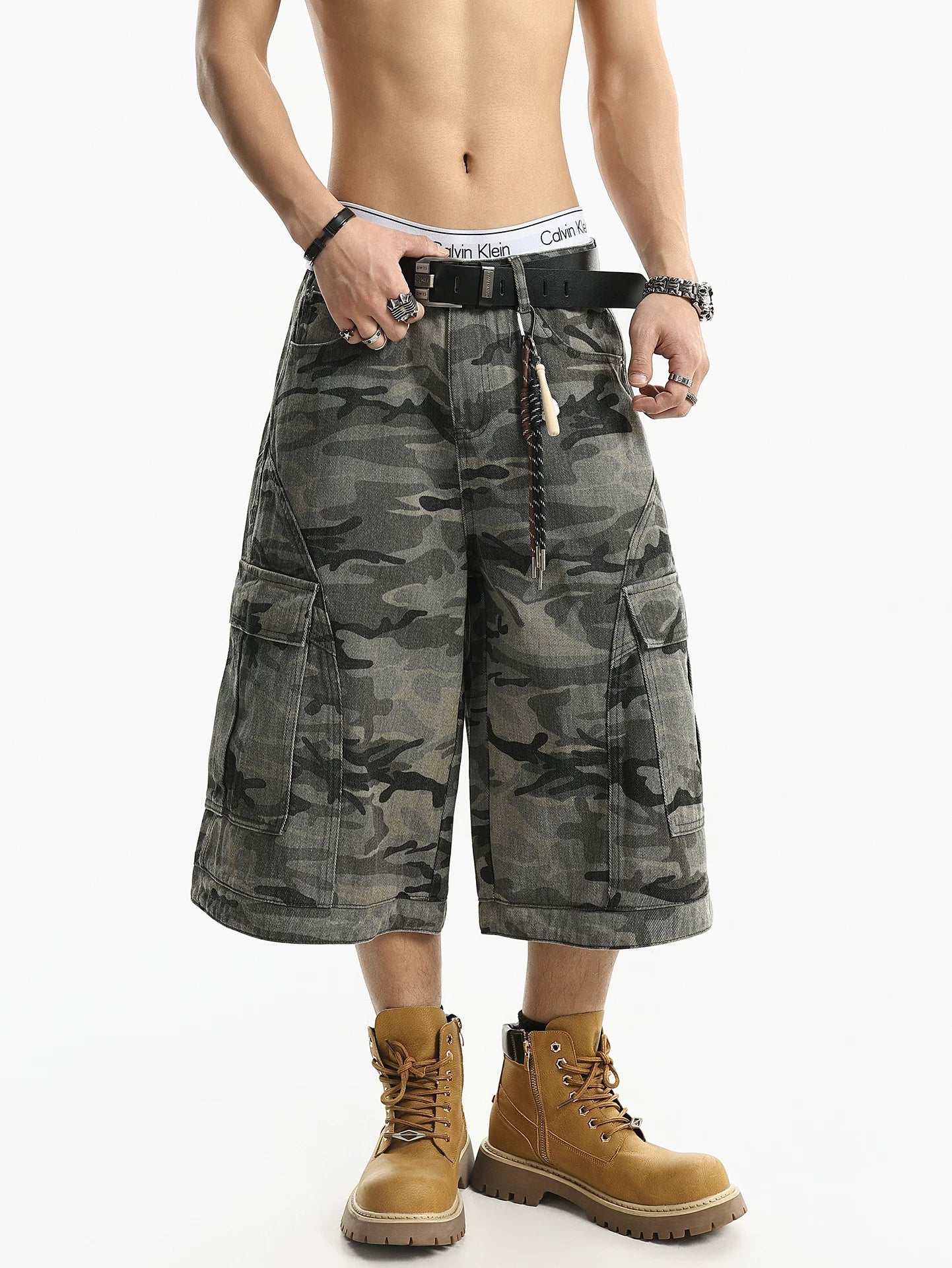 American high street retro washed deconstructed camouflage loose wide-leg workwear denim cropped pants men's summer  sinclub5503