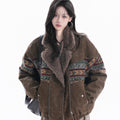 Vintage ethnic style embroidered fur integrated lapel cotton jacket women's winter imitation suede jacket