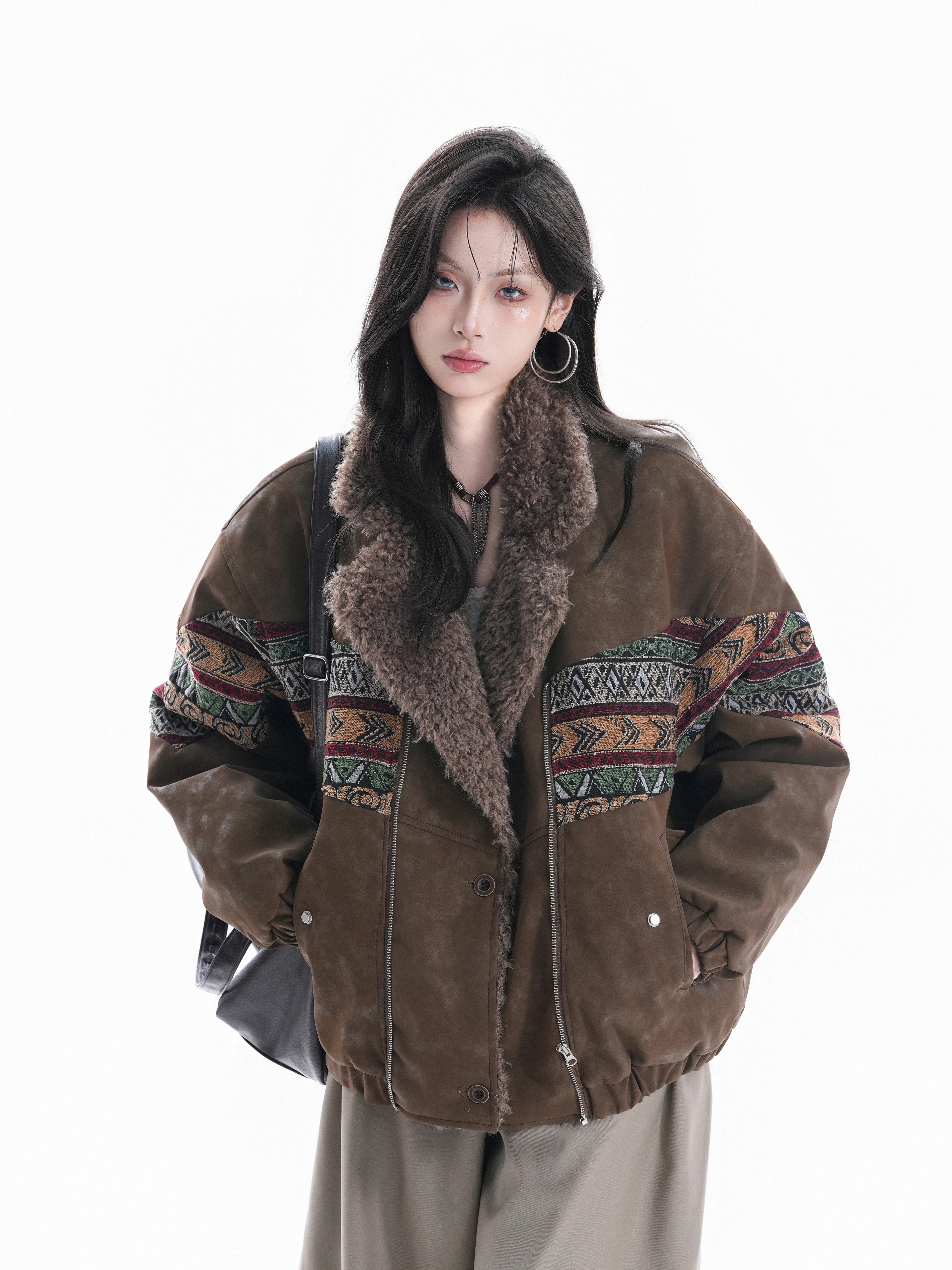 Vintage ethnic style embroidered fur integrated lapel cotton jacket women's winter imitation suede jacket