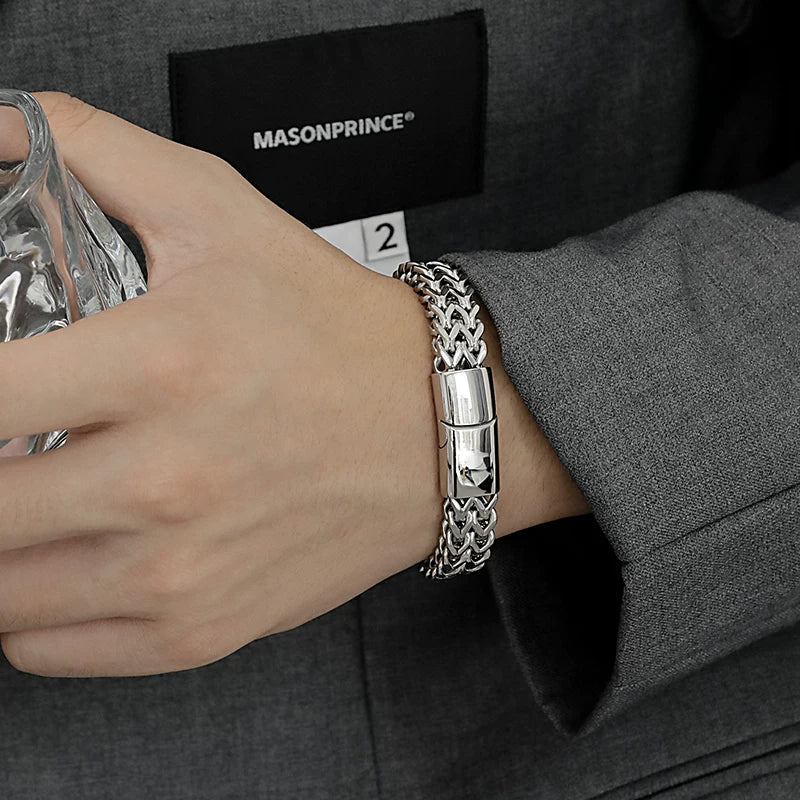 European and american magnetic clasp bracelet for men - trendy, high-end, unique titanium steel double-layer cuban link chunky chain jewelry - street style individuality  SIN080