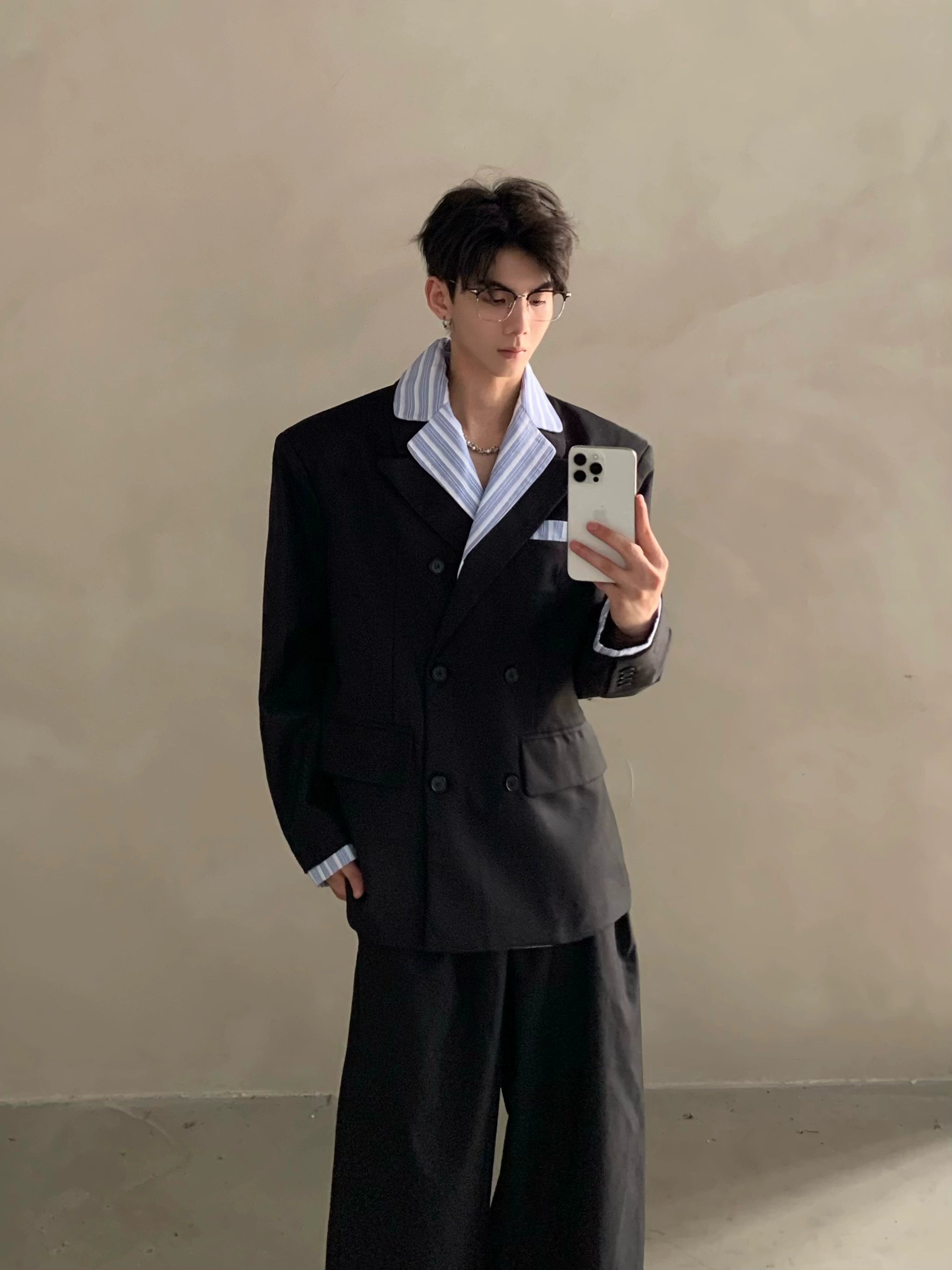 Niche high-end Miu striped shirt collar shoulder padded suit men's ruffian handsome suit jacket