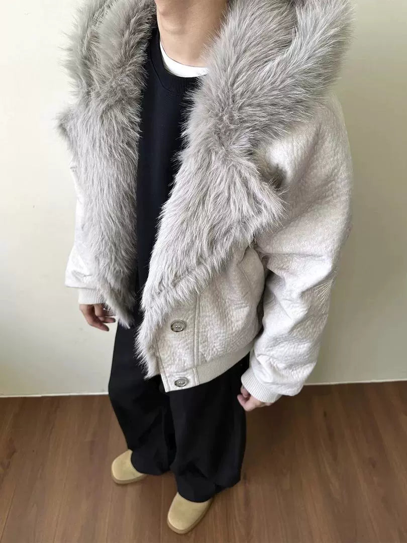 Skywolf Mountain Carving Fur Collar Cotton Jacket Men's and Women's Winter Fleece Thickened Loose Hooded Jacket Cotton Jacket