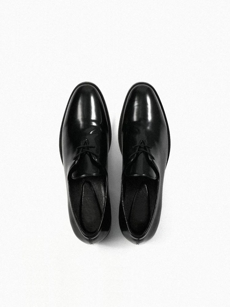 Derby leather shoes, round toe, shiny cowhide, streamlined cut, casual formal wear, thin bottom oxford shoes
