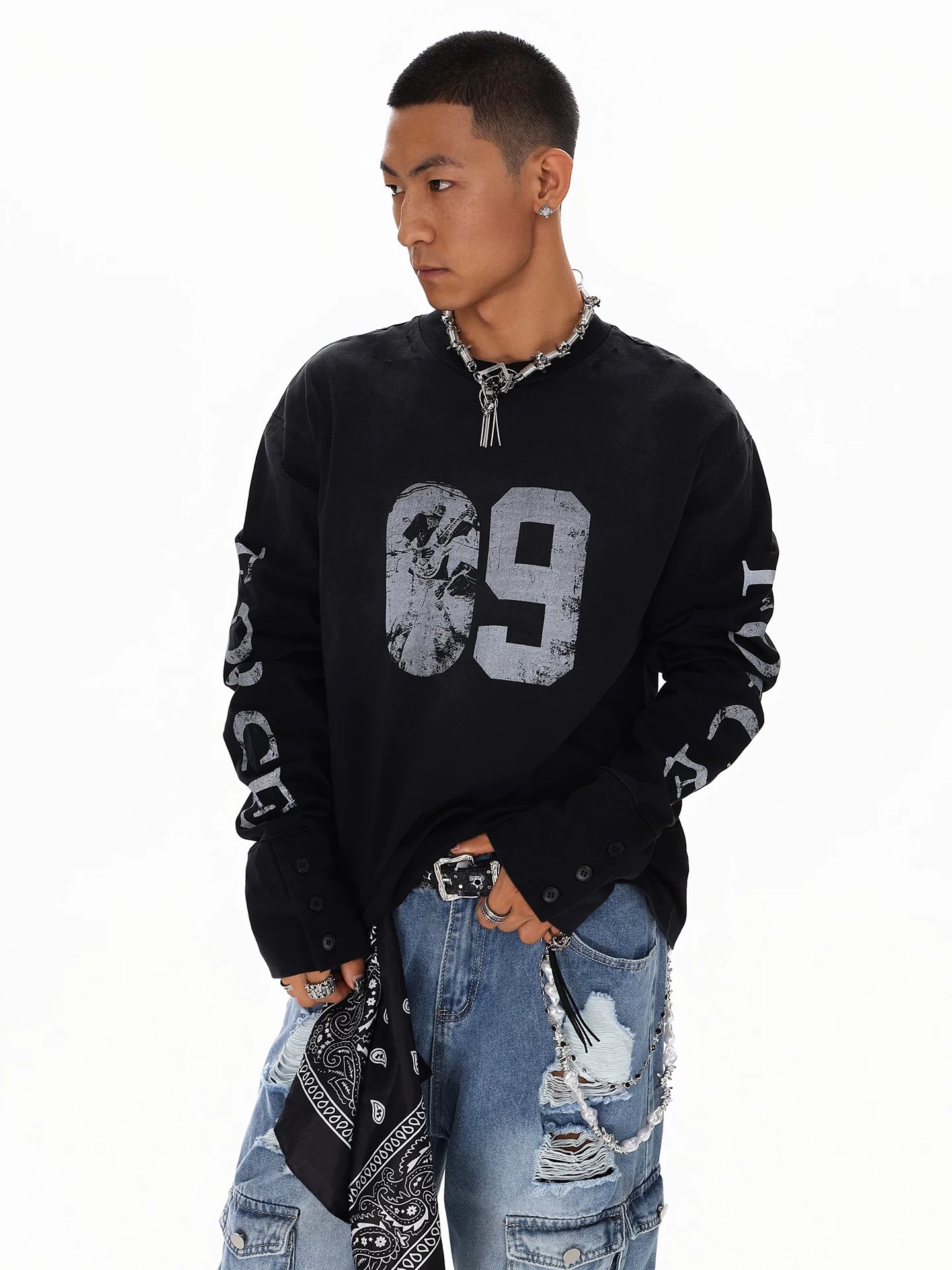 American retro letter print distressed long sleeve t-shirt - unisex high street oversized top sinlclub1654