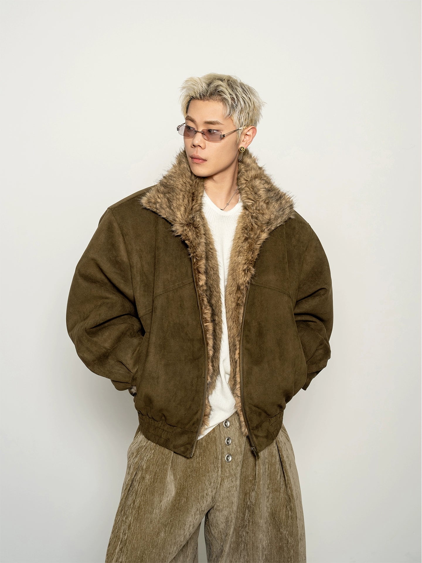 American heavy suede suede imitation fox hair cotton jacket, loose and wide shoulder padded thick coat in winter