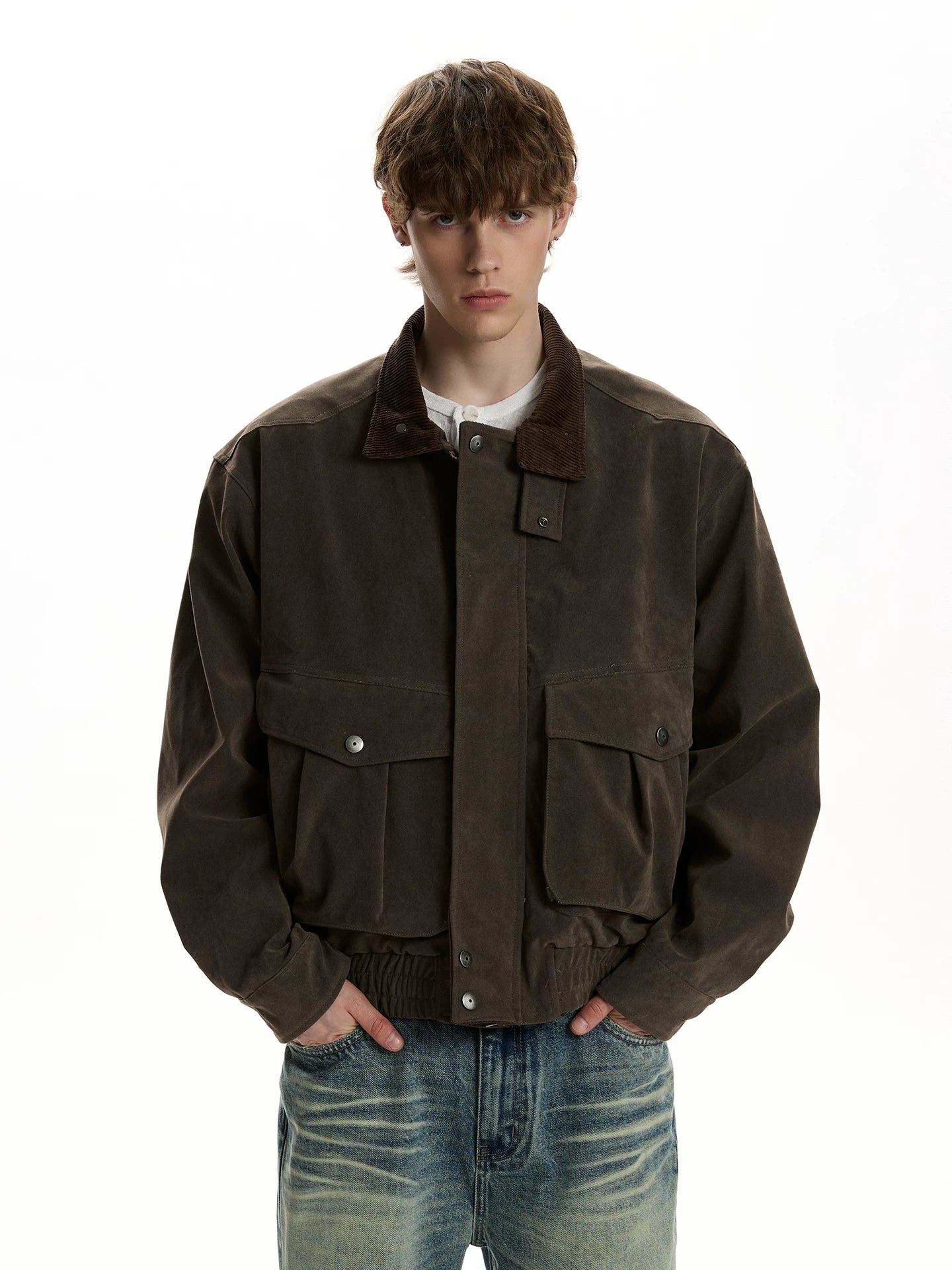 Suede stand-up collar tooling jacket men's loose and versatile short jacket WY041