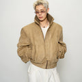 Premium textured suede threaded turtleneck short jacket autumn silhouette shoulder padded loose coat