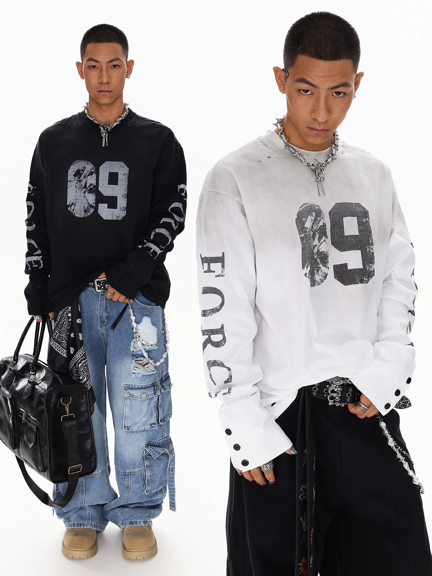 American retro letter print distressed long sleeve t-shirt - unisex high street oversized top sinlclub1654