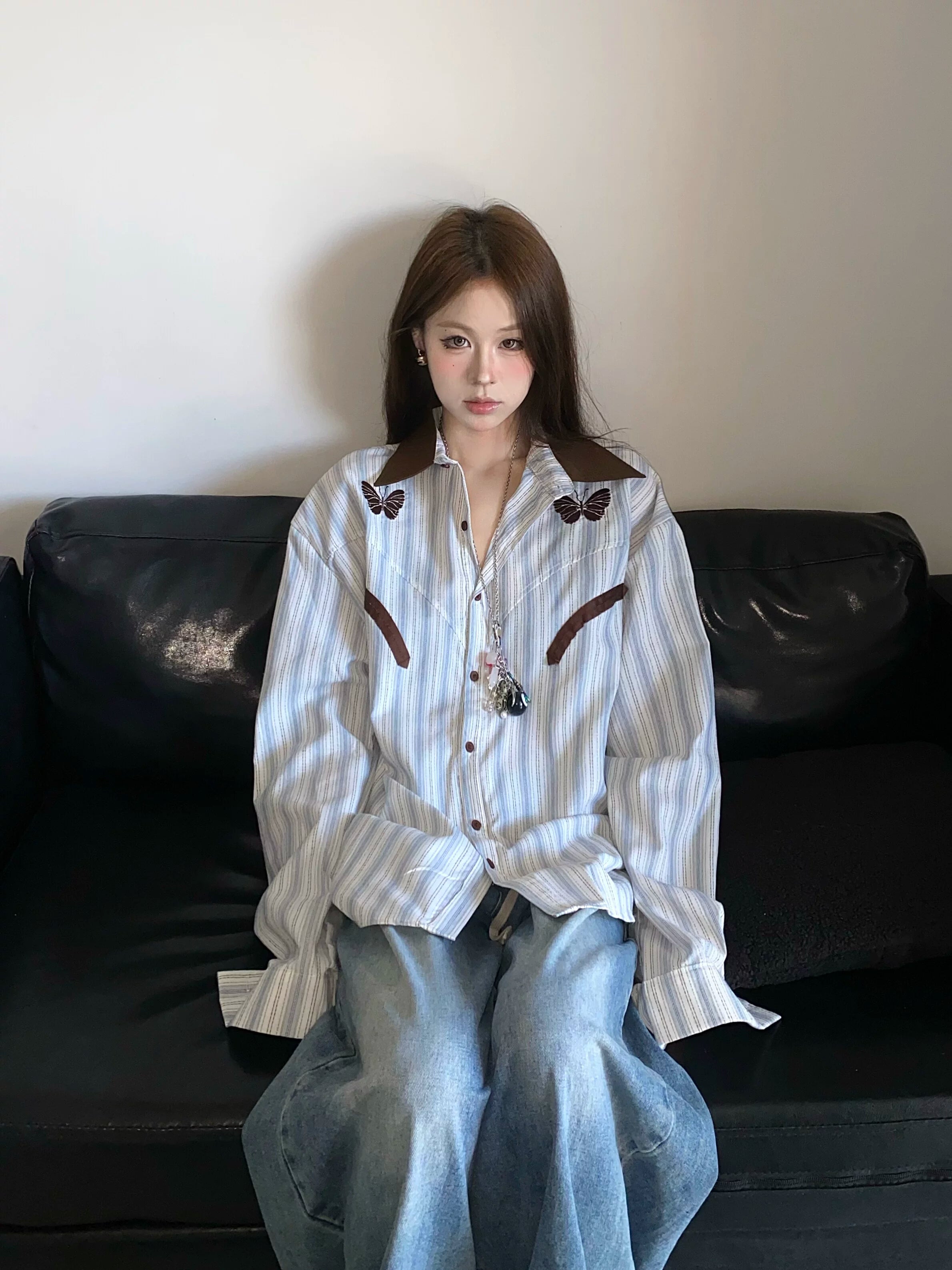 New arrival gentle and lazy color block blue stripesshirtoutwear women's loose sun protection shirt long sleeves  XX3