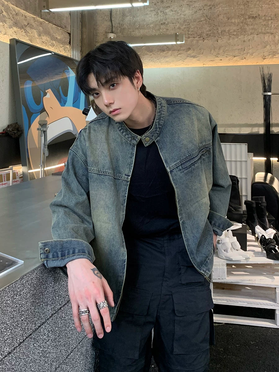 American retro washed distressed denim outwear men's spring & fallloosetrendyniche styleclassy jacket  SIN069