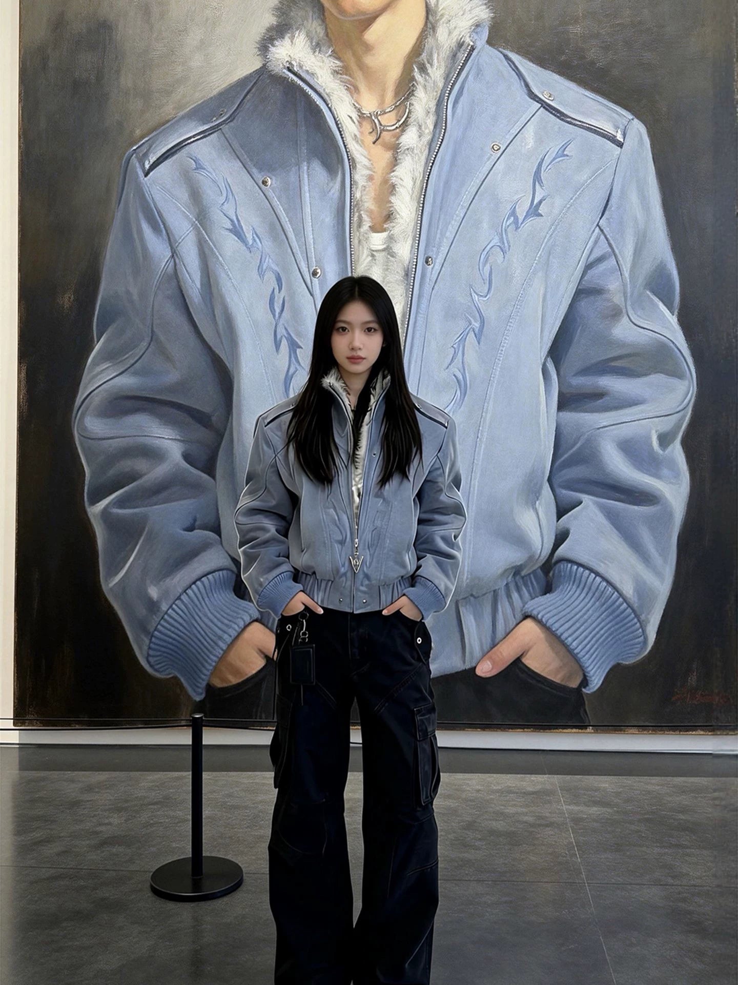 Blue washed canvas "mountain eagle" cotton-padded jacket - men's winter american harrington style SIN054