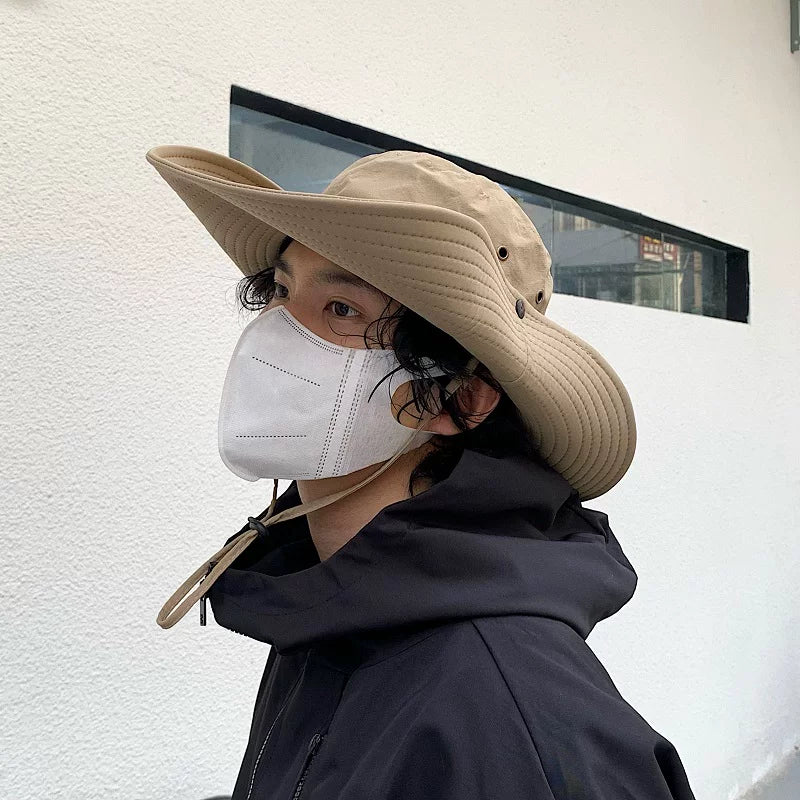 Western cowboy hat men's drawstring fisherman hat summer camping big brim sun hat outdoor fishing hiking hat