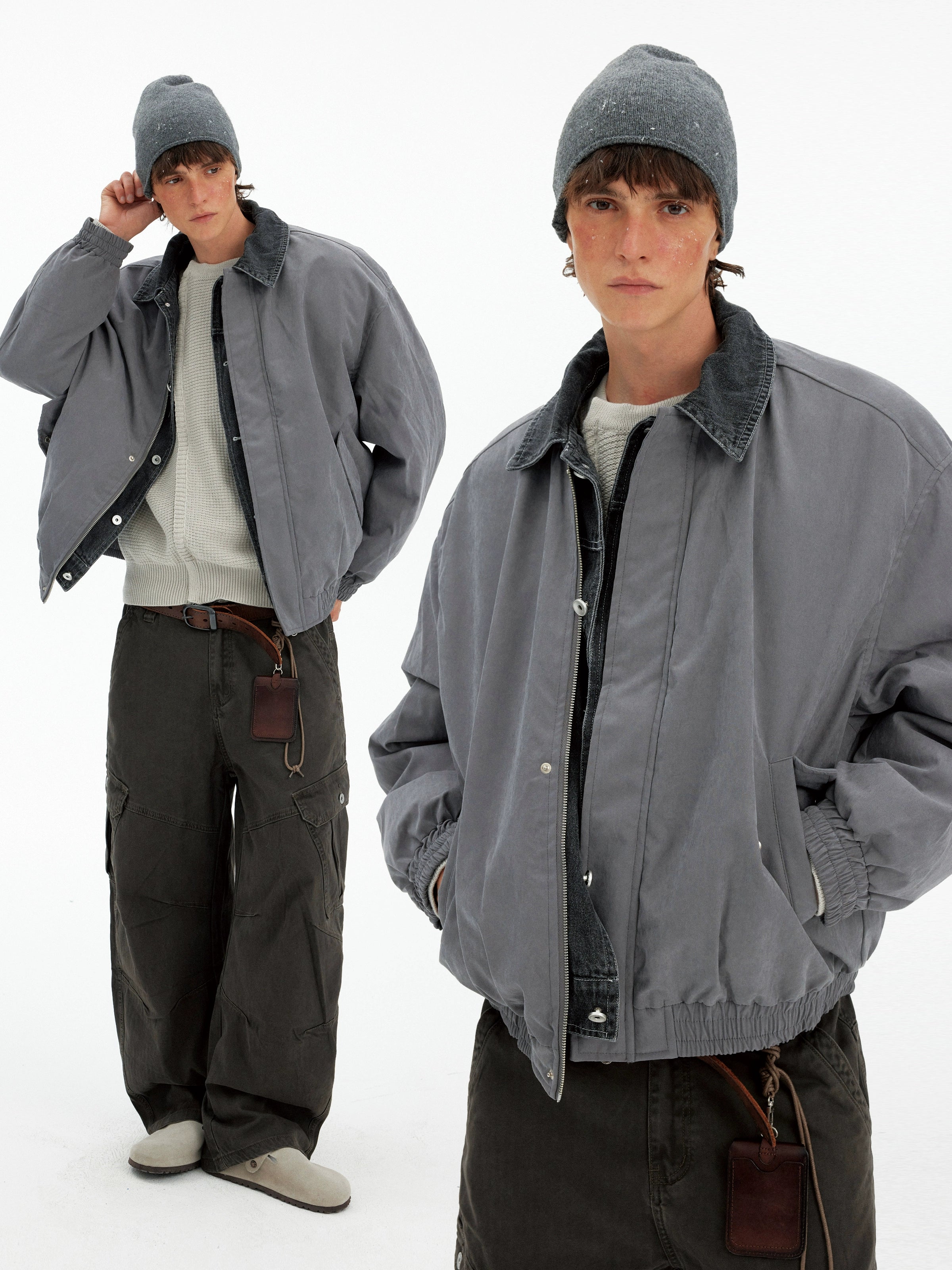 Retro trendy brand fake two-piece warm cotton clothes for men and women loose and casual design winter thickened jacket